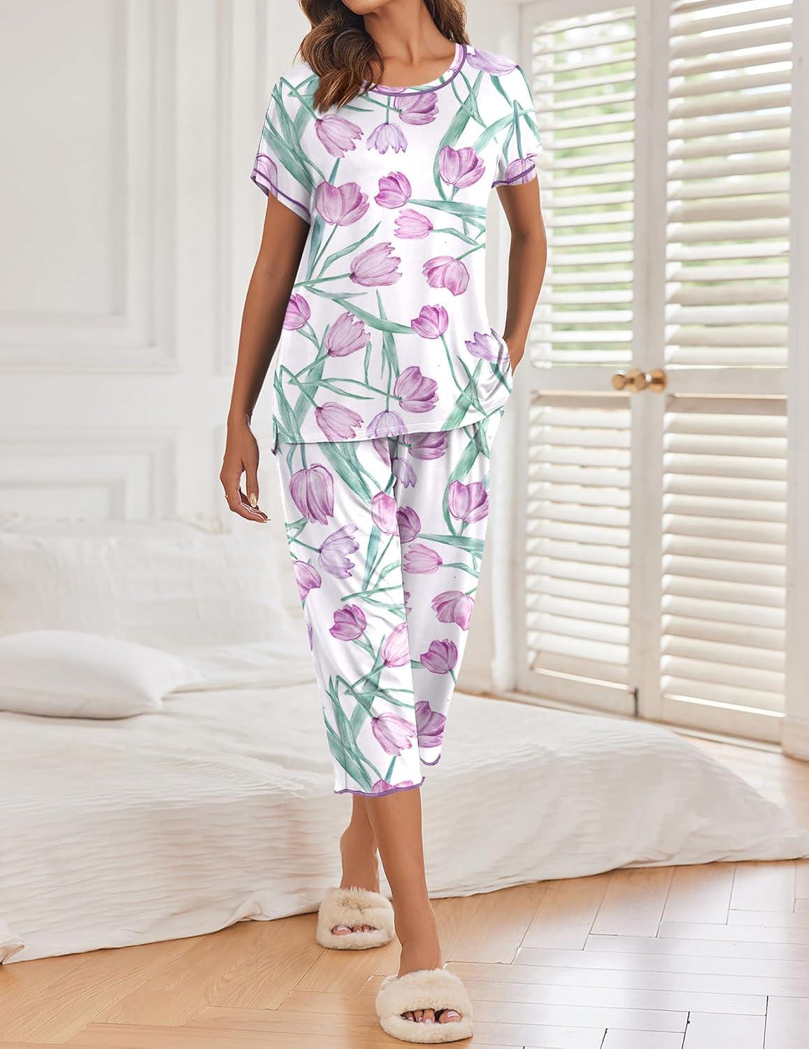 imageEkouaer Womens Capri Pajama Sets Print Short Sleeve Sleepwear Top and Capri Pants Soft Loungewear with PocketPurple Flower Branches
