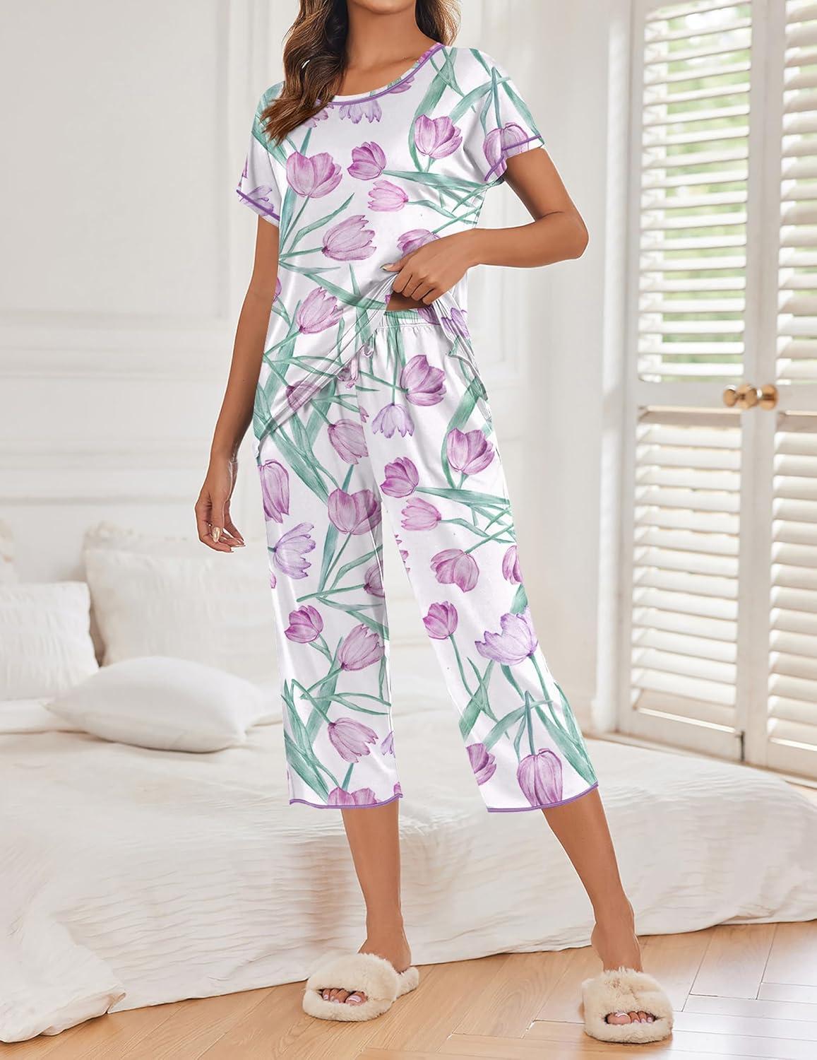 imageEkouaer Womens Capri Pajama Sets Print Short Sleeve Sleepwear Top and Capri Pants Soft Loungewear with PocketPurple Flower Branches