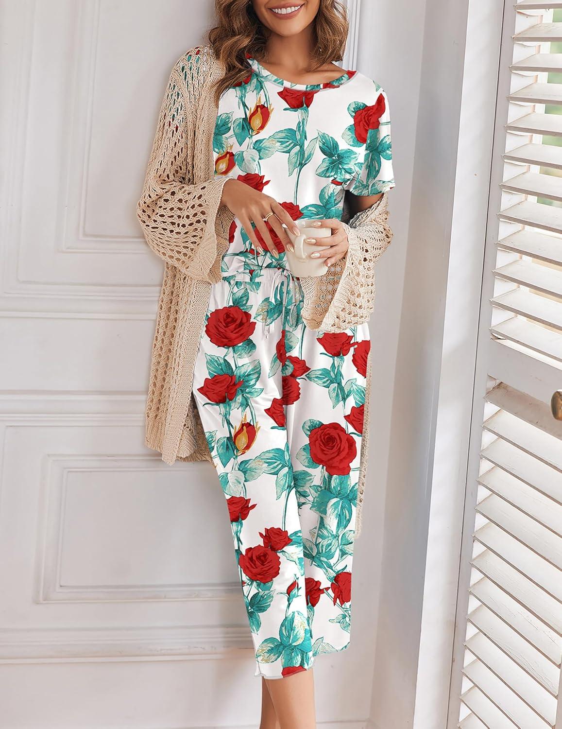imageEkouaer Womens Capri Pajama Sets Print Short Sleeve Sleepwear Top and Capri Pants Soft Loungewear with PocketRed Rose Flowers