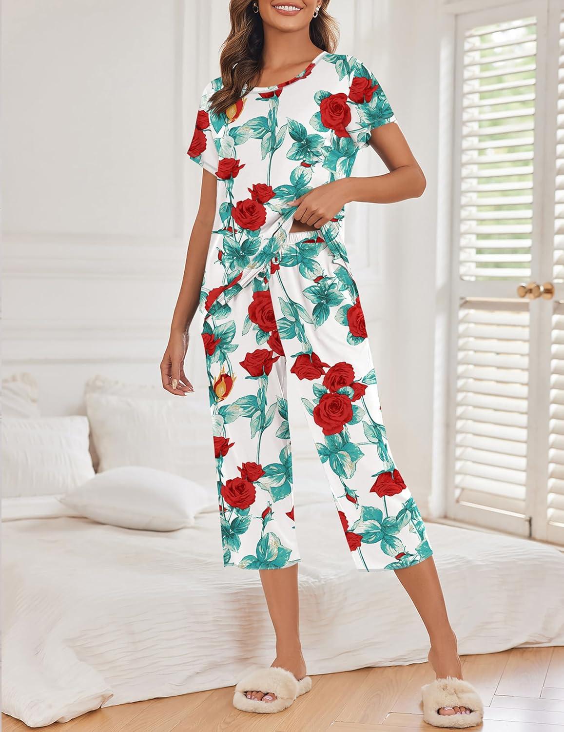 imageEkouaer Womens Capri Pajama Sets Print Short Sleeve Sleepwear Top and Capri Pants Soft Loungewear with PocketRed Rose Flowers