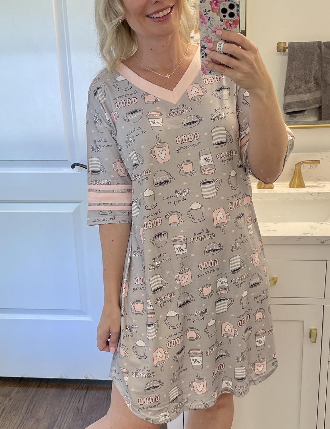 imageEkouaer Womens Nightgown Cotton Sleepwear Short Sleeve Sleep Shirt V Neck Color Block NightshirtBcoffee Grey