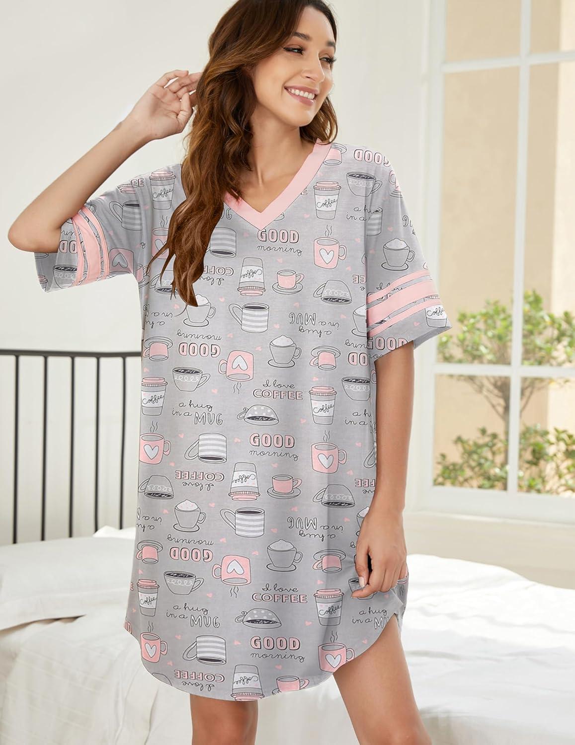 imageEkouaer Womens Nightgown Cotton Sleepwear Short Sleeve Sleep Shirt V Neck Color Block NightshirtBcoffee Grey