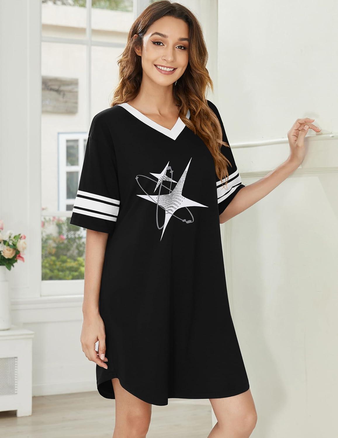 imageEkouaer Womens Nightgown Cotton Sleepwear Short Sleeve Sleep Shirt V Neck Color Block NightshirtCstar Black