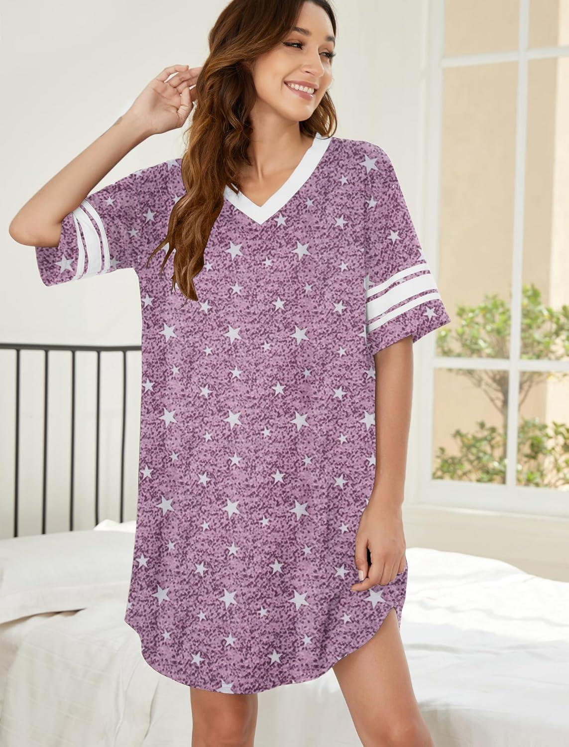 imageEkouaer Womens Nightgown Cotton Sleepwear Short Sleeve Sleep Shirt V Neck Color Block NightshirtCstars Purple