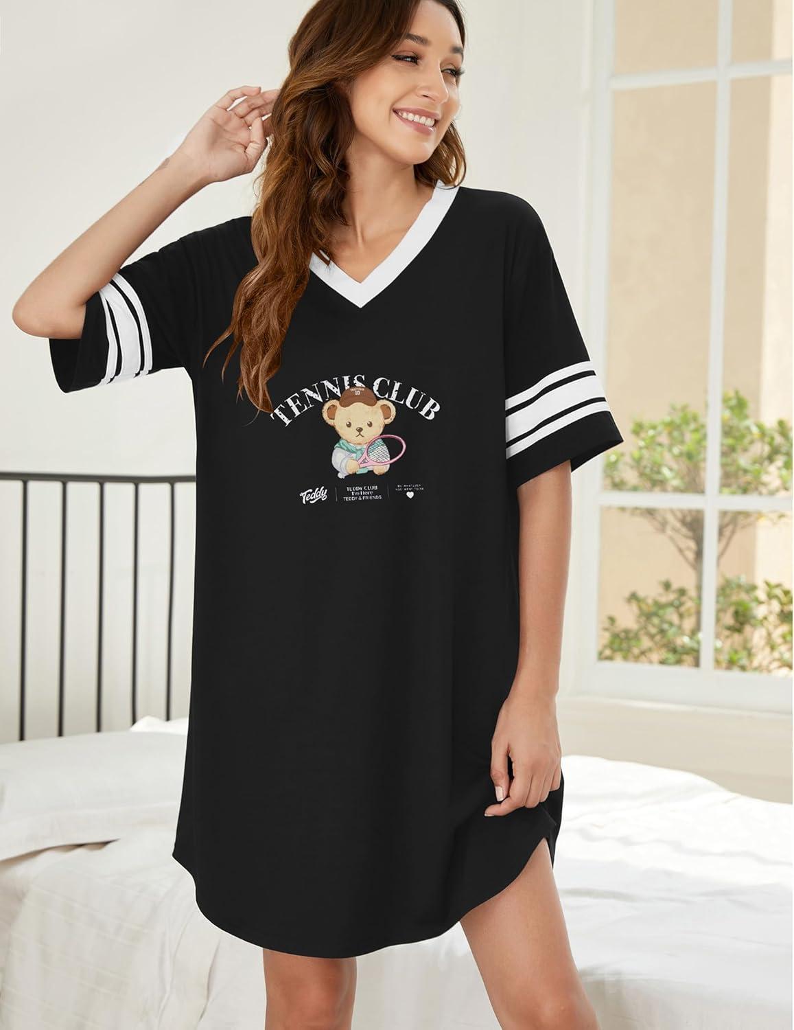 imageEkouaer Womens Nightgown Cotton Sleepwear Short Sleeve Sleep Shirt V Neck Color Block NightshirtCteddy Black