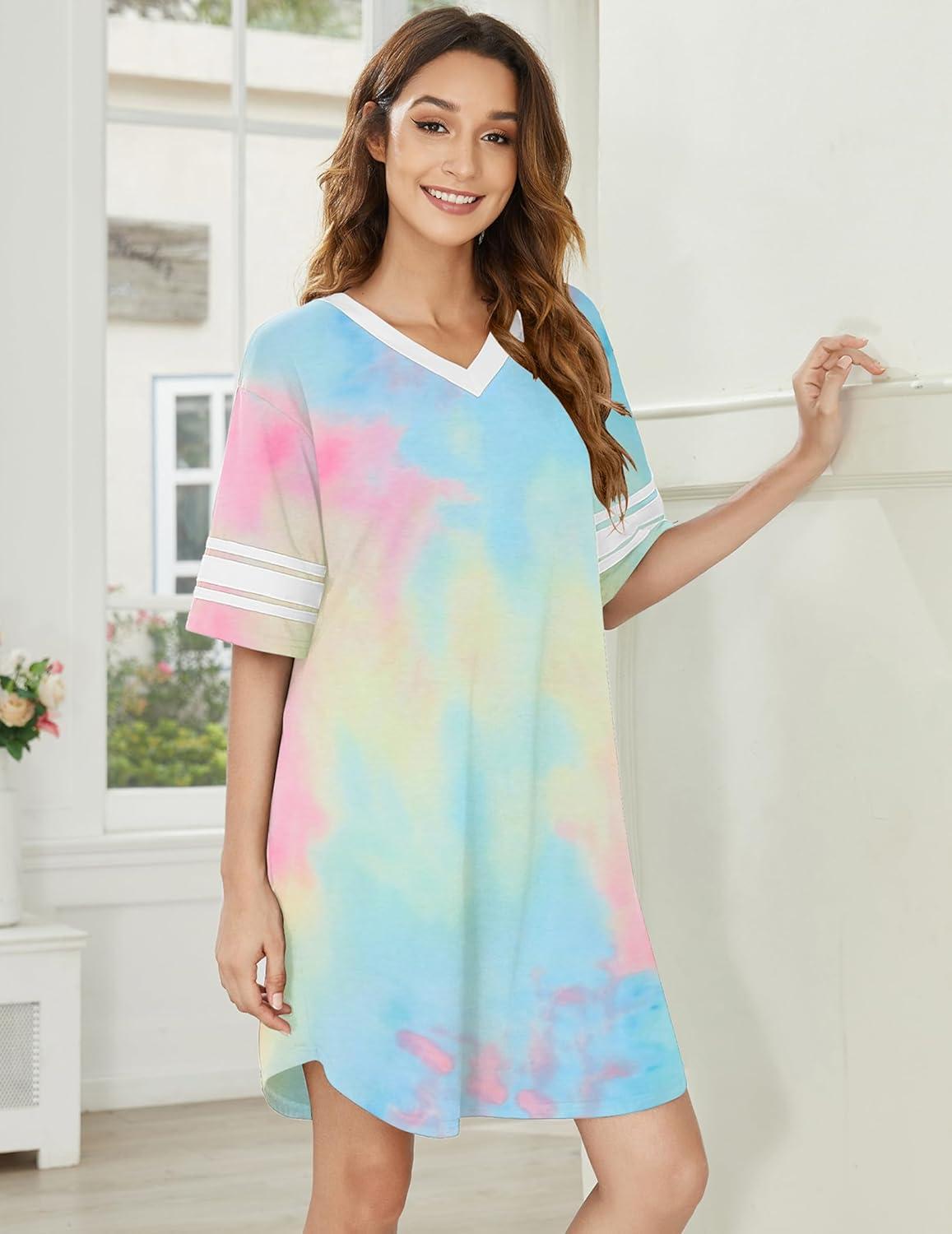 imageEkouaer Womens Nightgown Cotton Sleepwear Short Sleeve Sleep Shirt V Neck Color Block NightshirtTie Dye Yellow