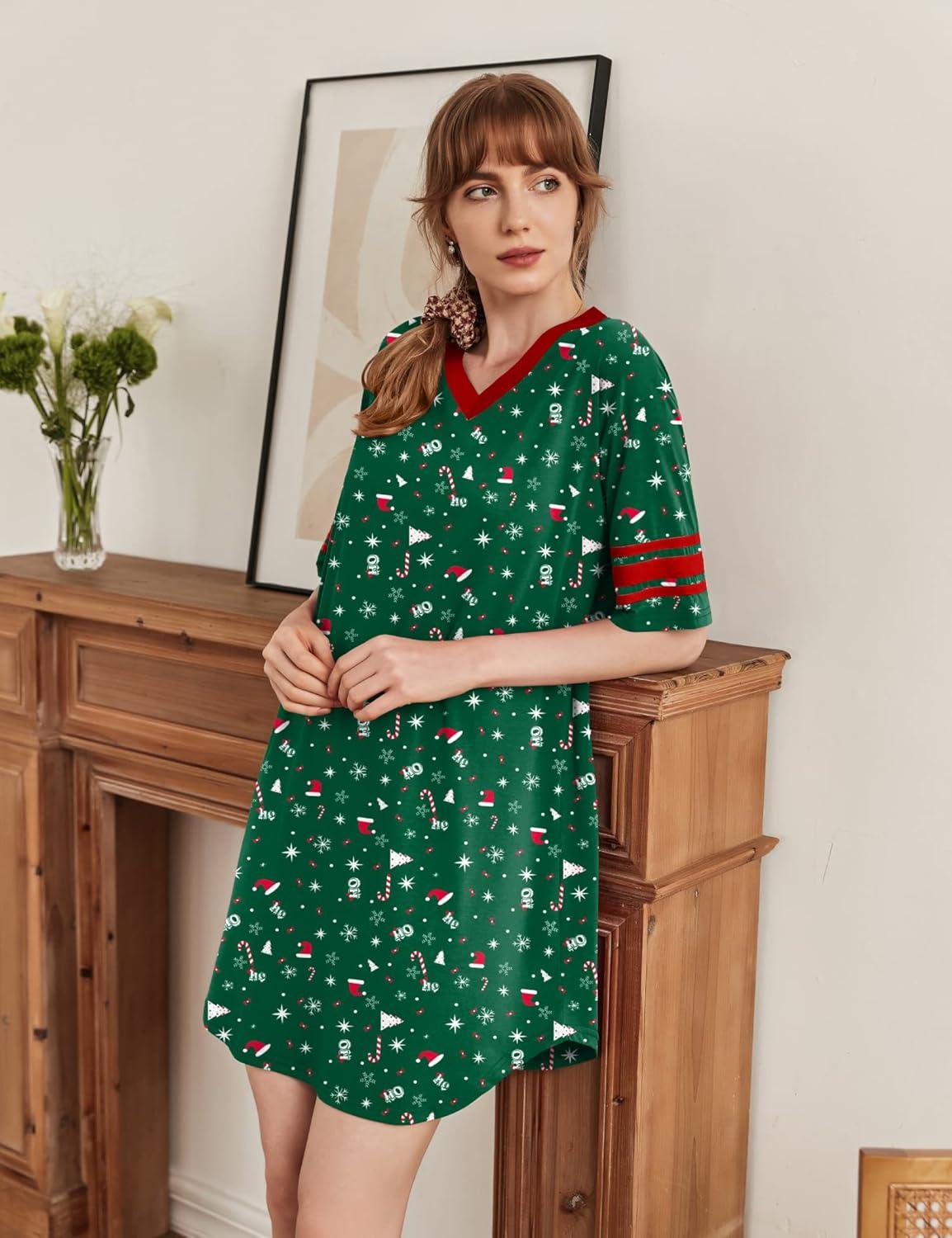 imageEkouaer Womens Nightgown Cotton Sleepwear Short Sleeve Sleep Shirt V Neck Color Block NightshirtZchristmas Green