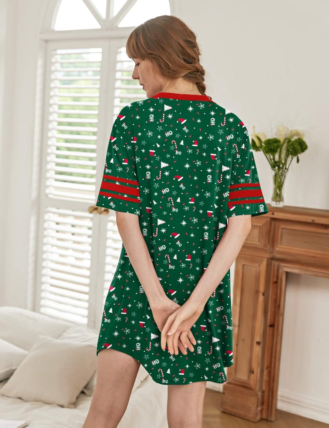 imageEkouaer Womens Nightgown Cotton Sleepwear Short Sleeve Sleep Shirt V Neck Color Block NightshirtZchristmas Green