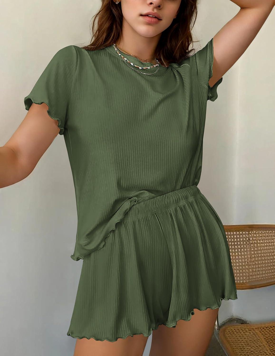 imageEkouaer Womens Pajamas 2 Piece Ribbed Knit Pjs Short Sleeve Sleepwear Set Summer Soft Pajamas Set Casual Lounge SetsArmy Green