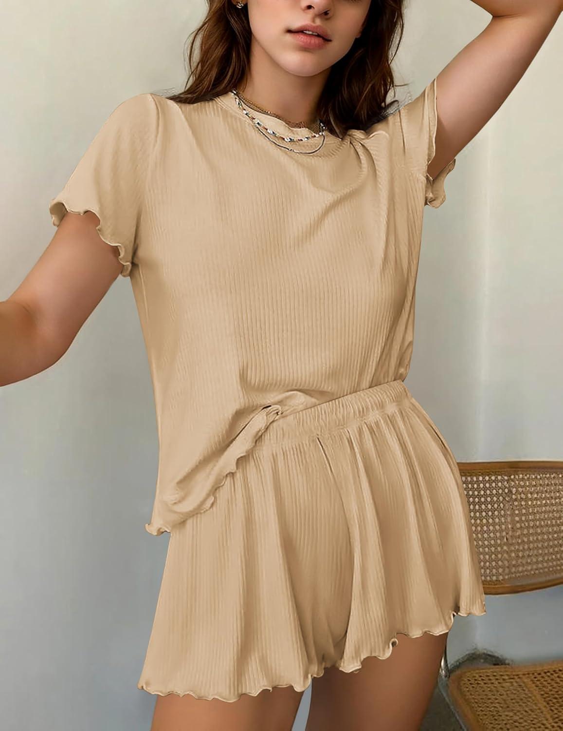 imageEkouaer Womens Pajamas 2 Piece Ribbed Knit Pjs Short Sleeve Sleepwear Set Summer Soft Pajamas Set Casual Lounge SetsBeige