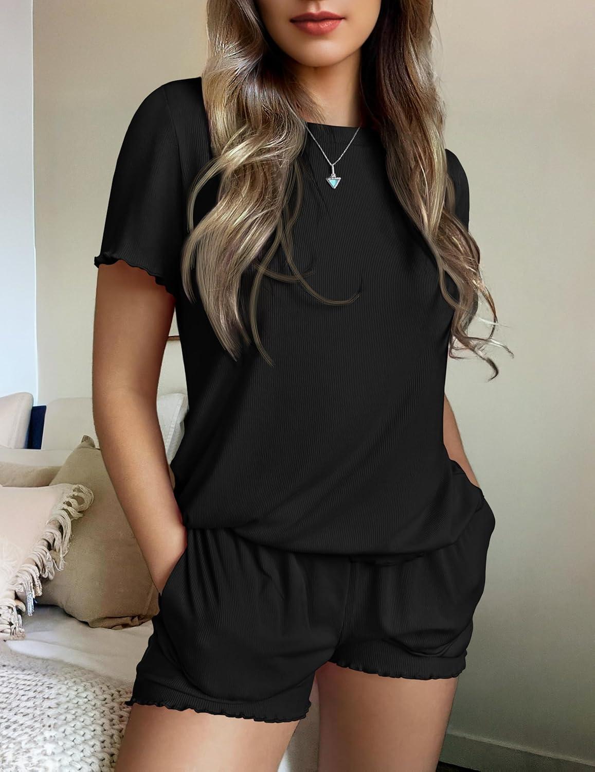 imageEkouaer Womens Pajamas 2 Piece Ribbed Knit Pjs Short Sleeve Sleepwear Set Summer Soft Pajamas Set Casual Lounge SetsBlack