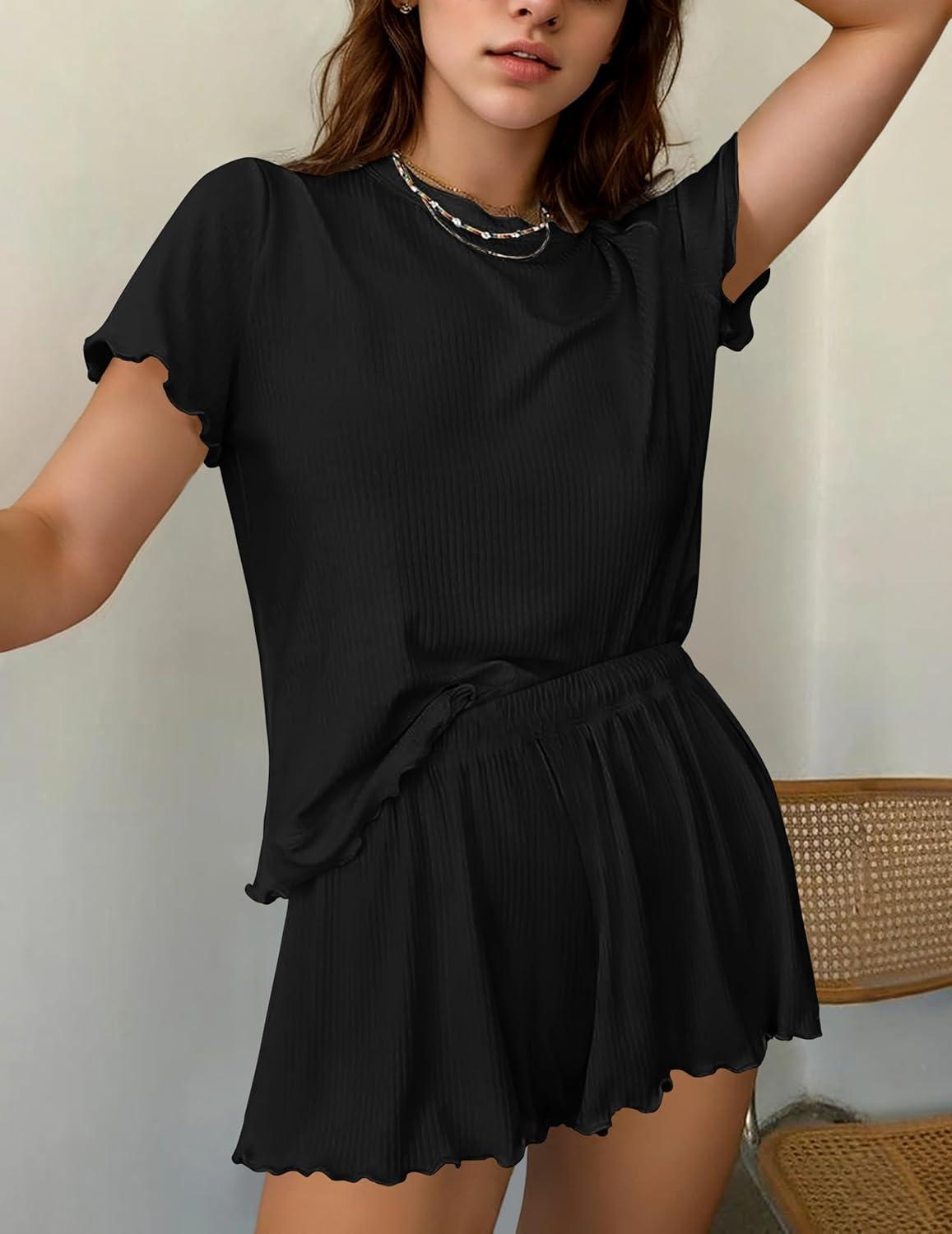 imageEkouaer Womens Pajamas 2 Piece Ribbed Knit Pjs Short Sleeve Sleepwear Set Summer Soft Pajamas Set Casual Lounge SetsBlack
