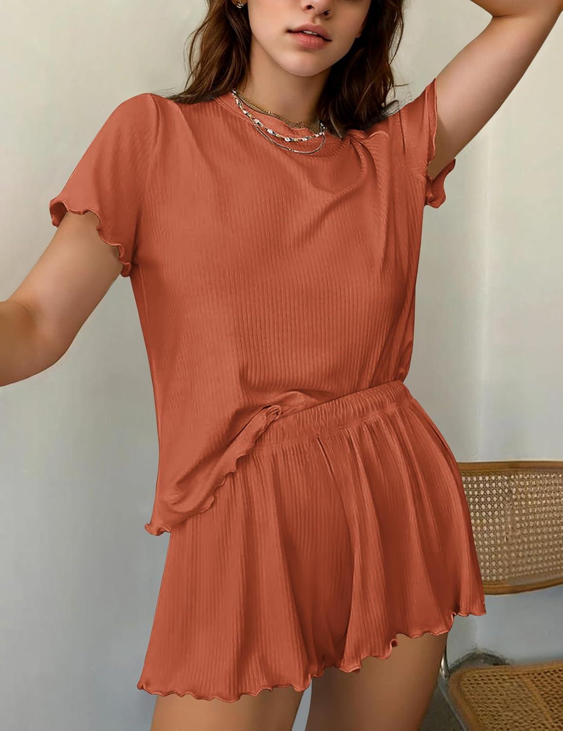 imageEkouaer Womens Pajamas 2 Piece Ribbed Knit Pjs Short Sleeve Sleepwear Set Summer Soft Pajamas Set Casual Lounge SetsBrick Red