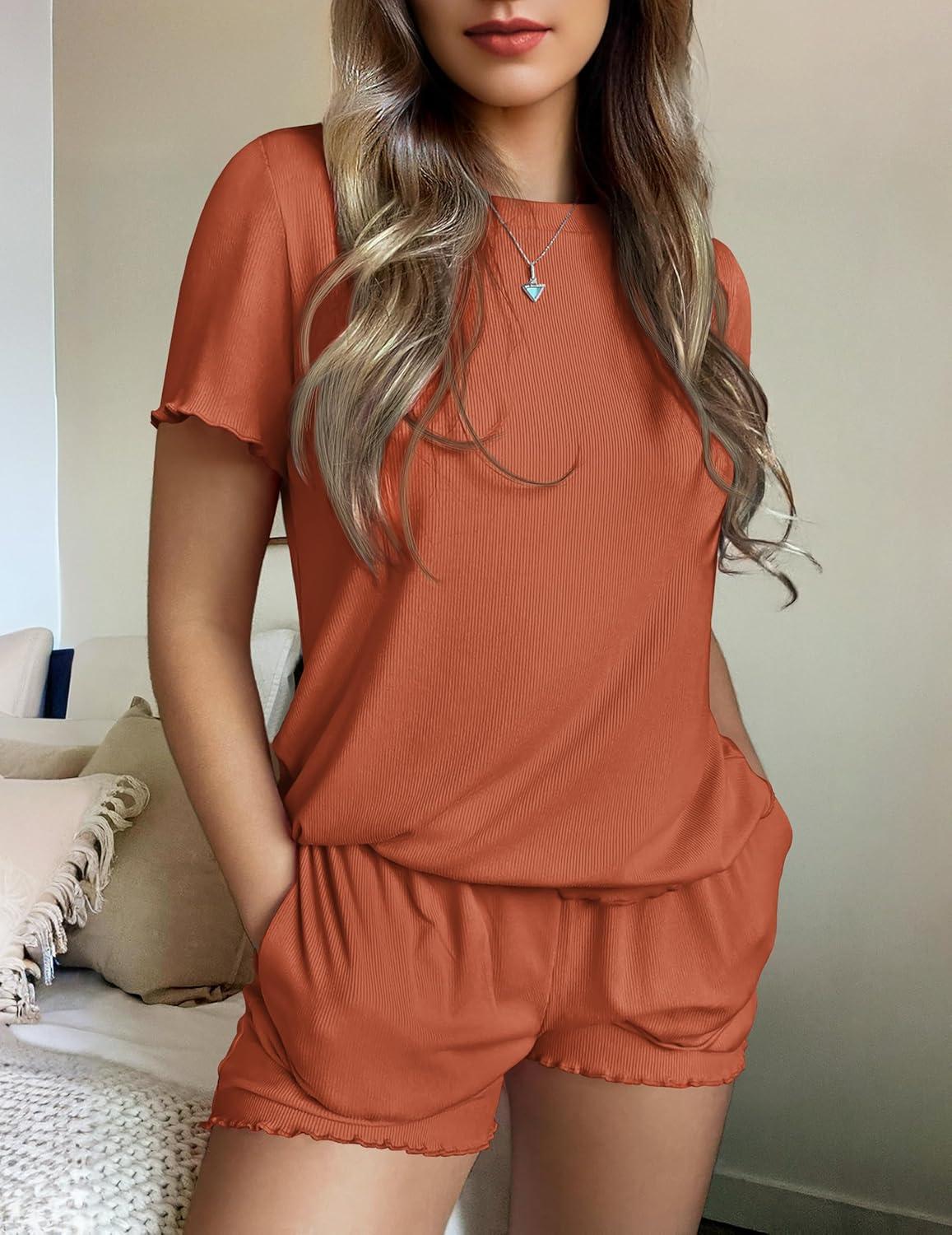 imageEkouaer Womens Pajamas 2 Piece Ribbed Knit Pjs Short Sleeve Sleepwear Set Summer Soft Pajamas Set Casual Lounge SetsBrick Red