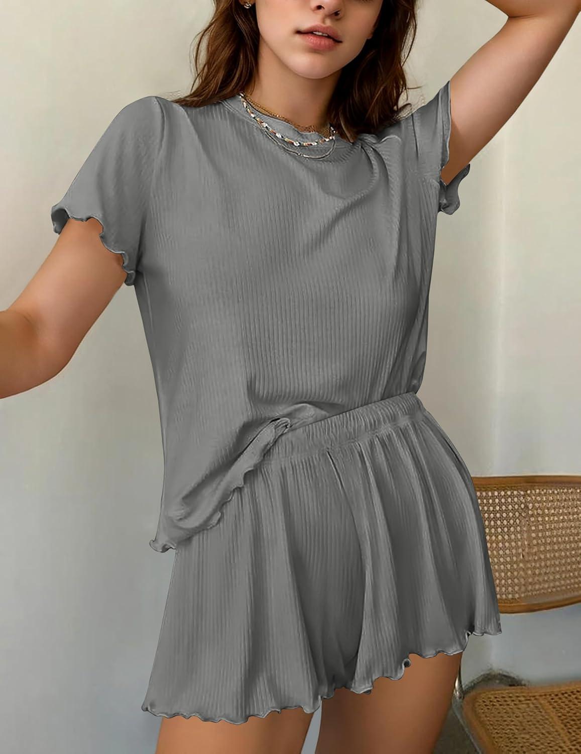 imageEkouaer Womens Pajamas 2 Piece Ribbed Knit Pjs Short Sleeve Sleepwear Set Summer Soft Pajamas Set Casual Lounge SetsGray