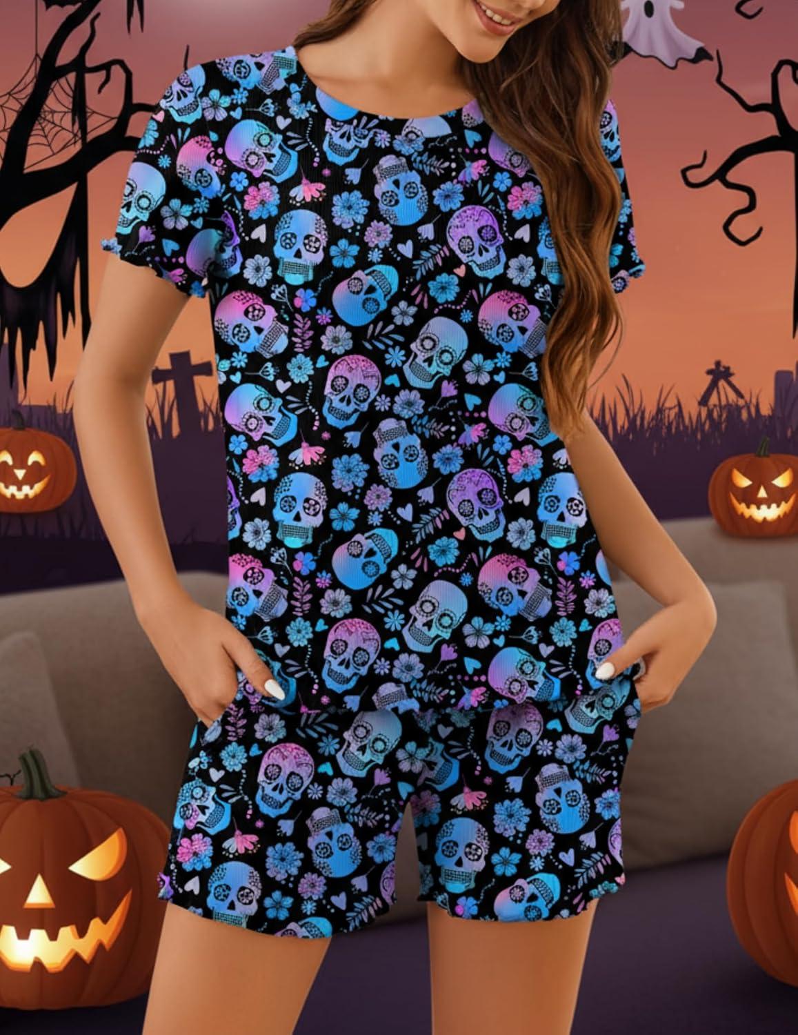 imageEkouaer Womens Pajamas 2 Piece Ribbed Knit Pjs Short Sleeve Sleepwear Set Summer Soft Pajamas Set Casual Lounge SetsHalloweenblack Skull