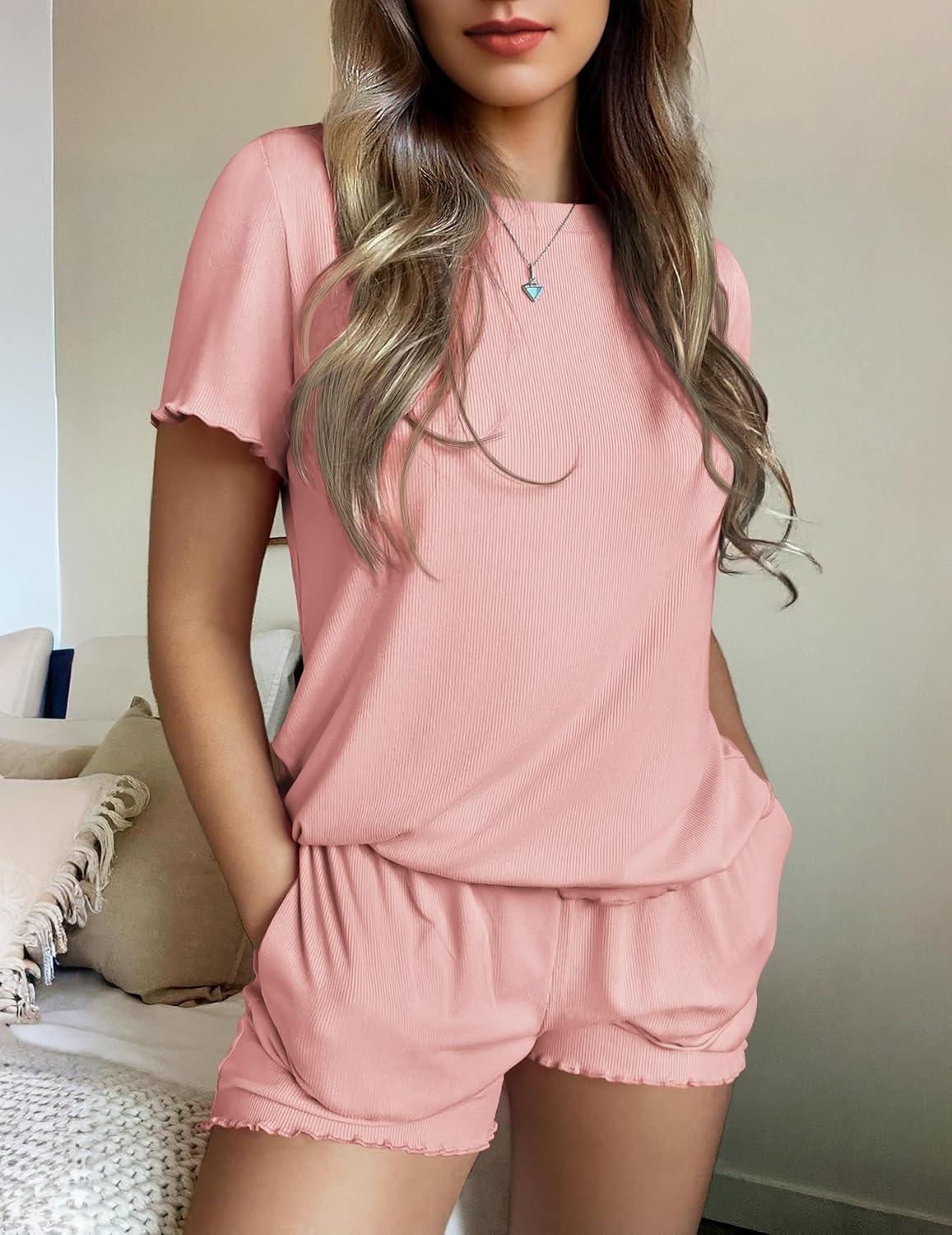 imageEkouaer Womens Pajamas 2 Piece Ribbed Knit Pjs Short Sleeve Sleepwear Set Summer Soft Pajamas Set Casual Lounge SetsLight Pink