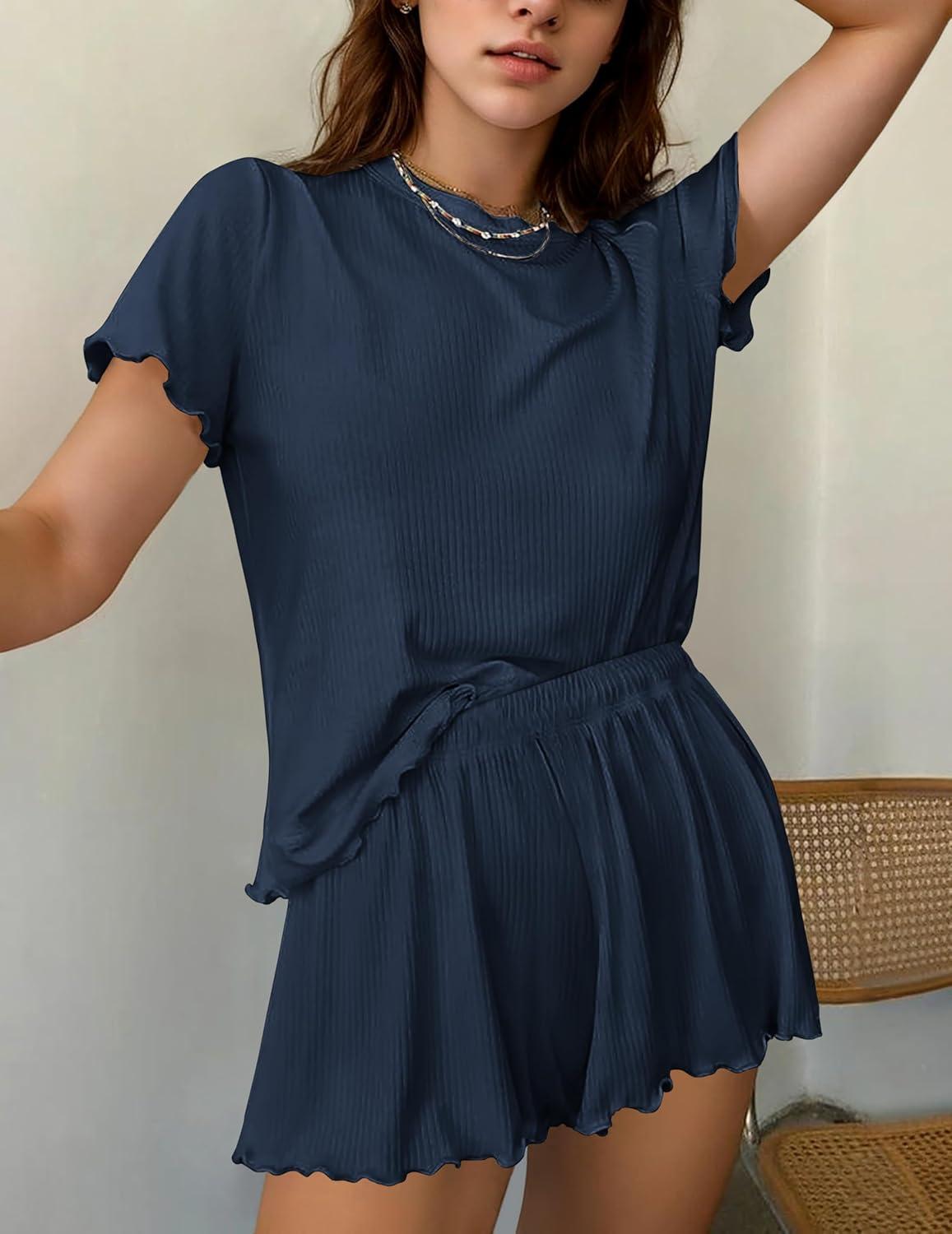 imageEkouaer Womens Pajamas 2 Piece Ribbed Knit Pjs Short Sleeve Sleepwear Set Summer Soft Pajamas Set Casual Lounge SetsNavy Blue