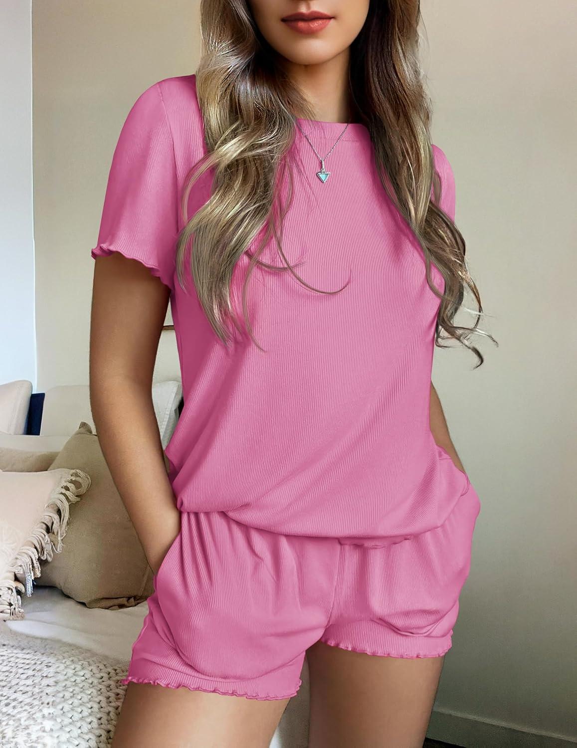 imageEkouaer Womens Pajamas 2 Piece Ribbed Knit Pjs Short Sleeve Sleepwear Set Summer Soft Pajamas Set Casual Lounge SetsPink