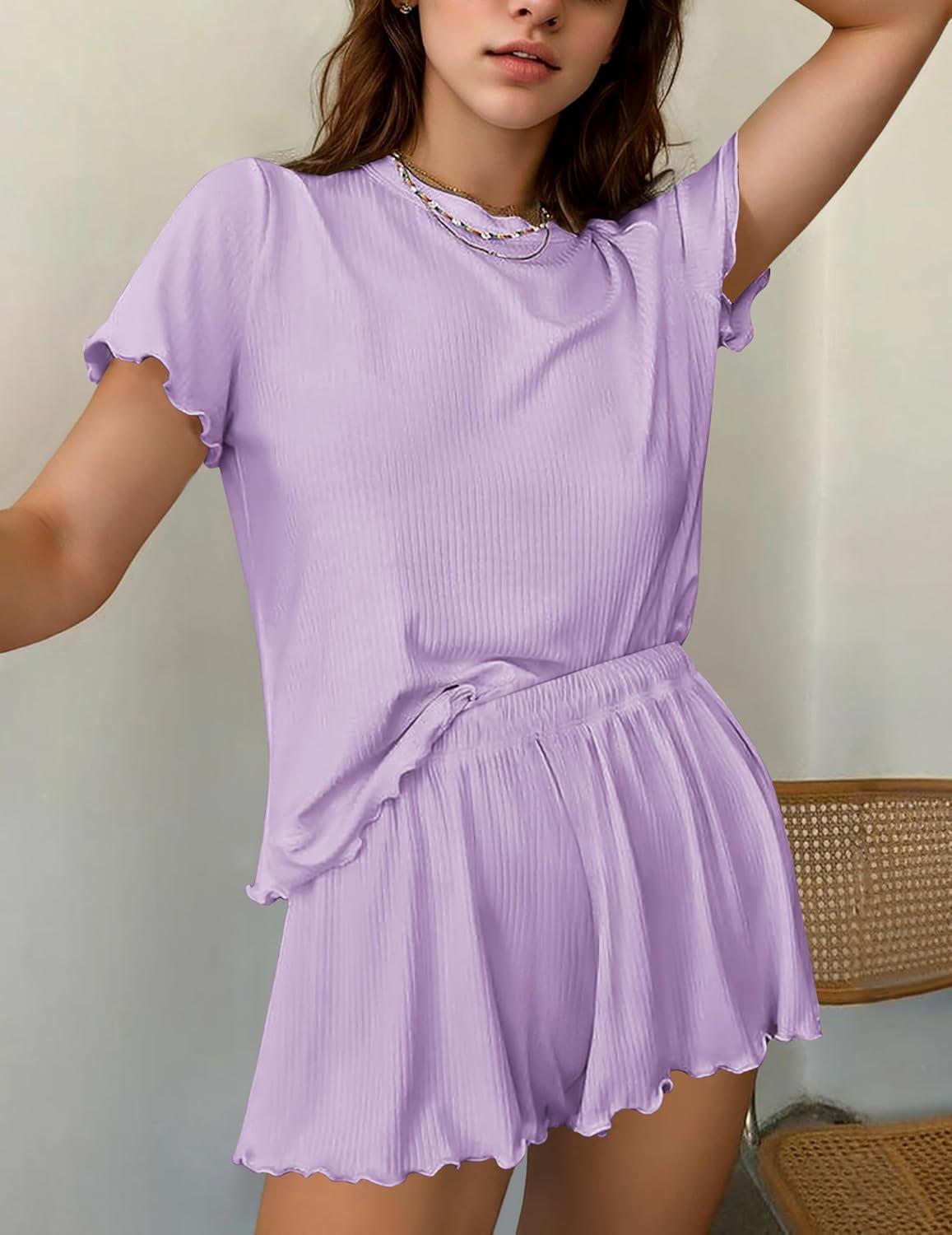 imageEkouaer Womens Pajamas 2 Piece Ribbed Knit Pjs Short Sleeve Sleepwear Set Summer Soft Pajamas Set Casual Lounge SetsPurple