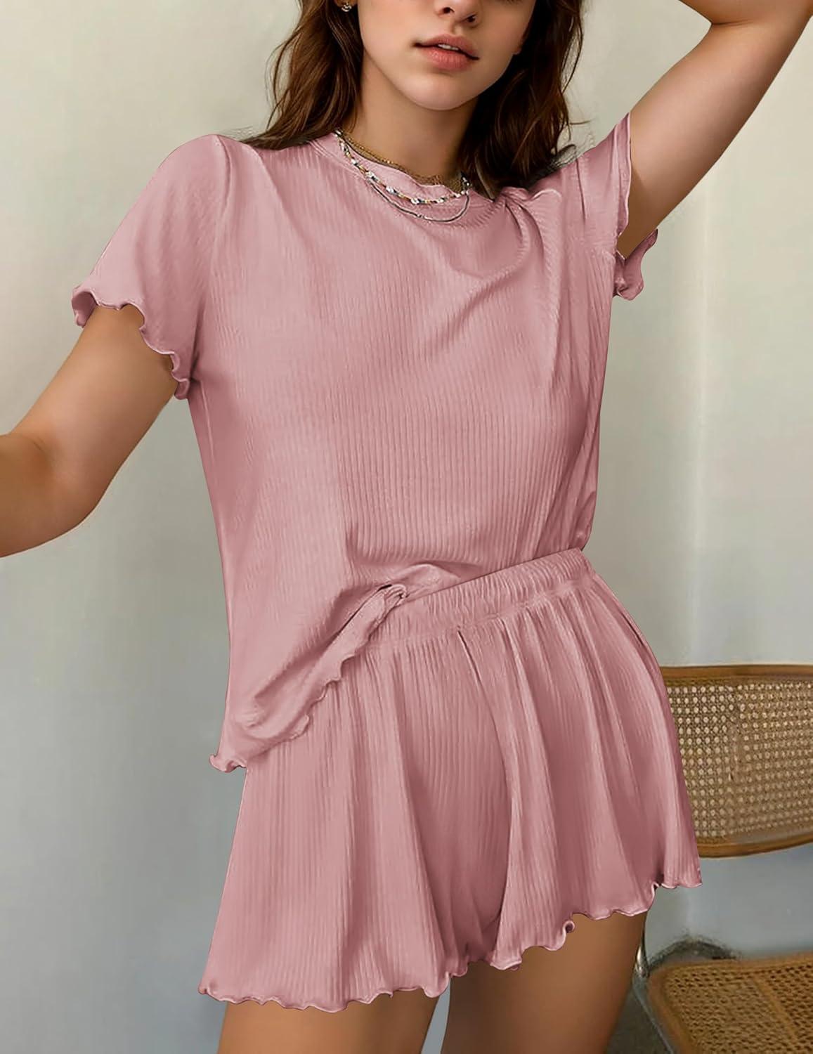 imageEkouaer Womens Pajamas 2 Piece Ribbed Knit Pjs Short Sleeve Sleepwear Set Summer Soft Pajamas Set Casual Lounge SetsRose Red