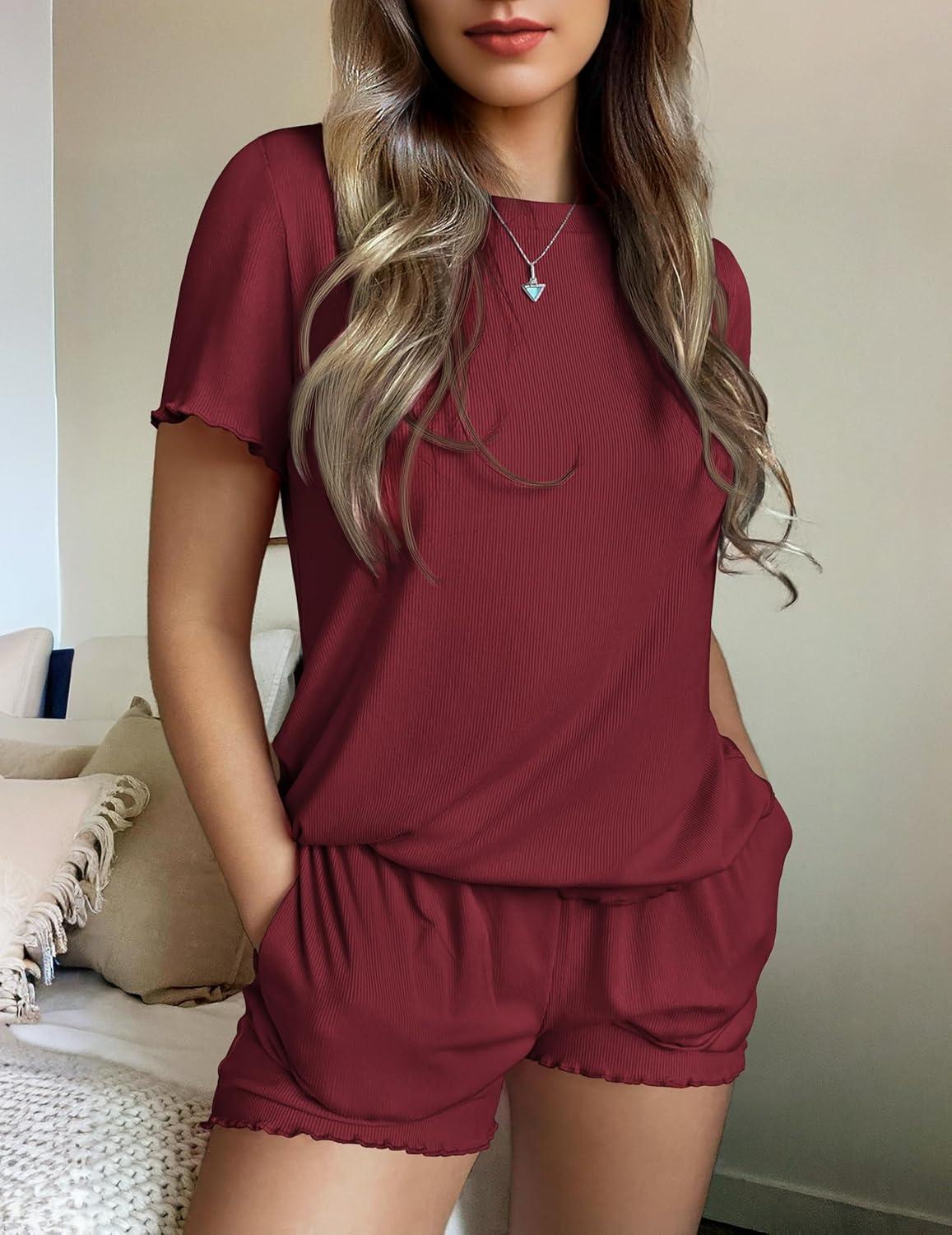 imageEkouaer Womens Pajamas 2 Piece Ribbed Knit Pjs Short Sleeve Sleepwear Set Summer Soft Pajamas Set Casual Lounge SetsWine Red