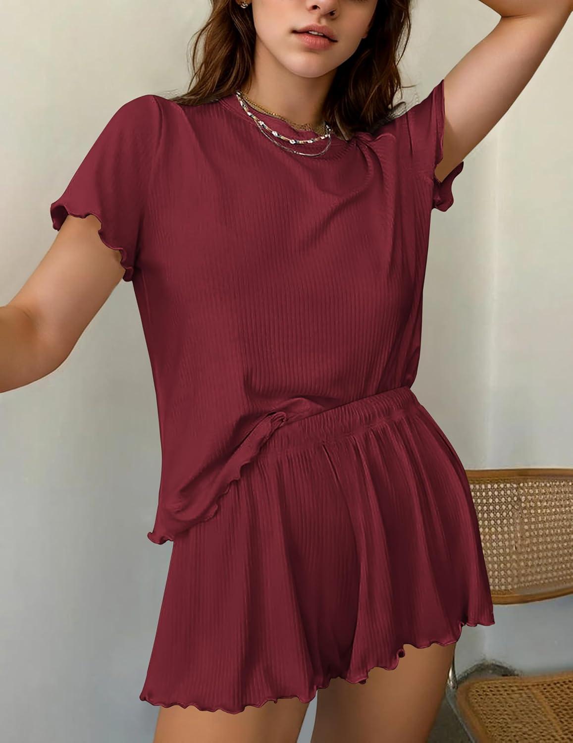imageEkouaer Womens Pajamas 2 Piece Ribbed Knit Pjs Short Sleeve Sleepwear Set Summer Soft Pajamas Set Casual Lounge SetsWine Red
