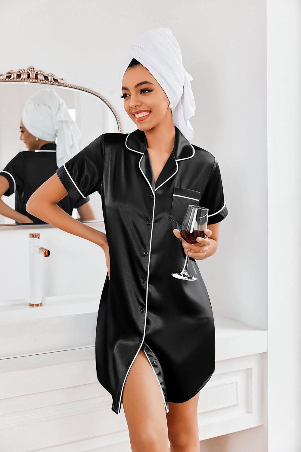 imageEkouaer Womens Satin Nightshirt Button Down Sleepshirt Silk Short Sleeve Nightgown Boyfriend Notch Collar SleepwearBlack