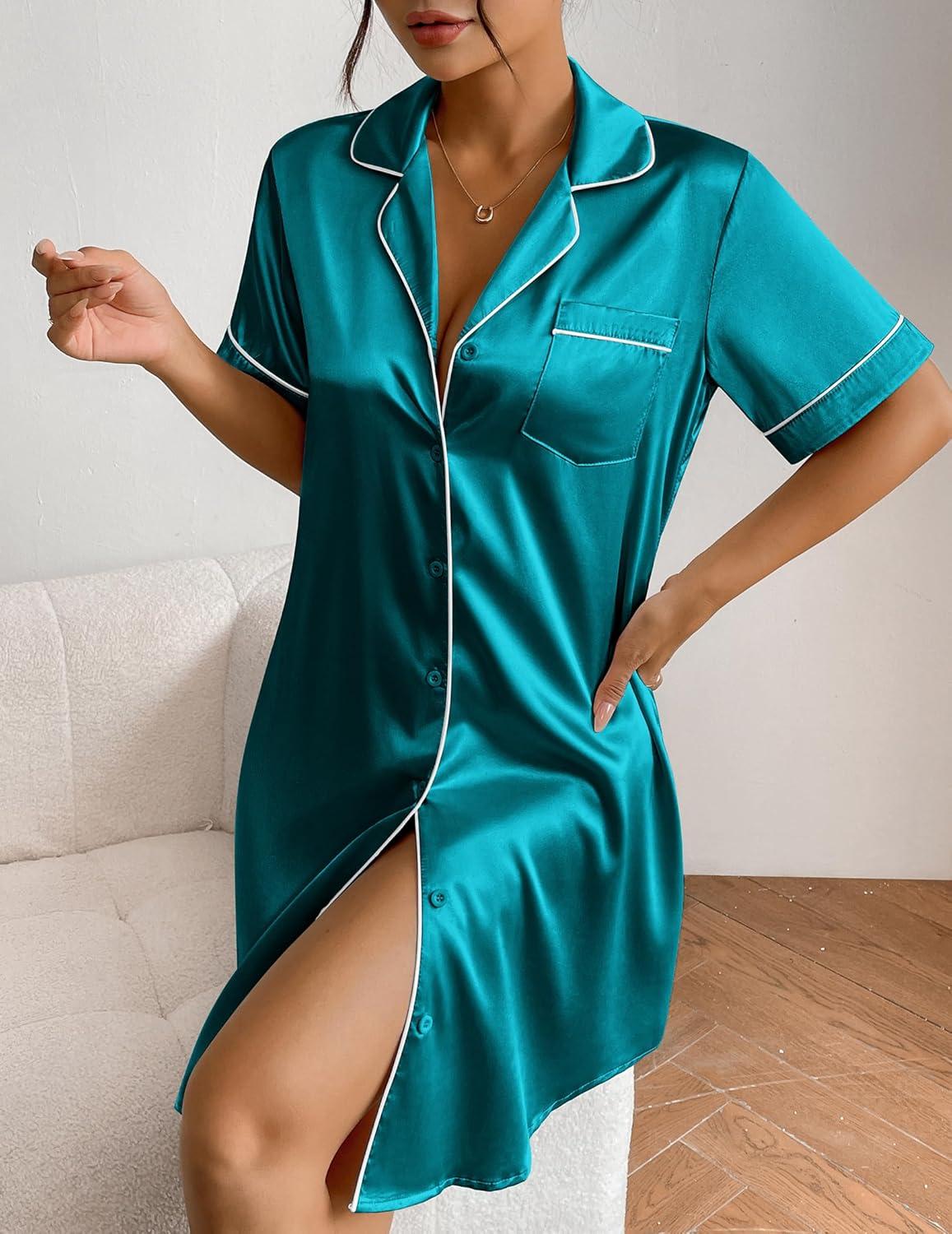 imageEkouaer Womens Satin Nightshirt Button Down Sleepshirt Silk Short Sleeve Nightgown Boyfriend Notch Collar SleepwearBlue Green