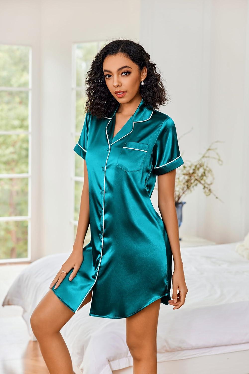 imageEkouaer Womens Satin Nightshirt Button Down Sleepshirt Silk Short Sleeve Nightgown Boyfriend Notch Collar SleepwearBlue Green