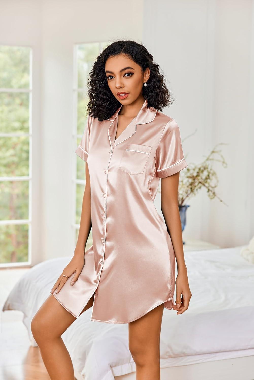 imageEkouaer Womens Satin Nightshirt Button Down Sleepshirt Silk Short Sleeve Nightgown Boyfriend Notch Collar SleepwearChampagne