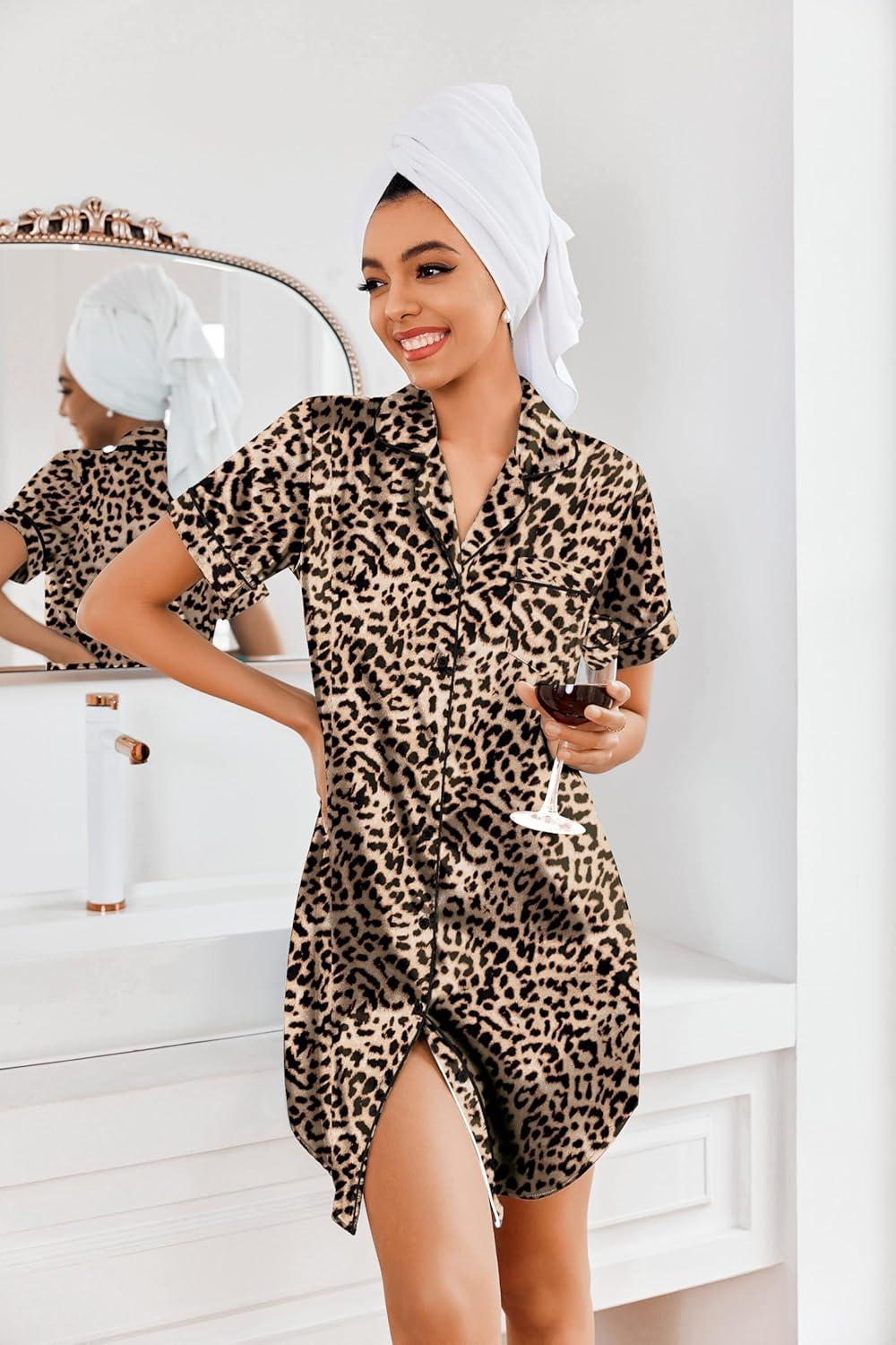 imageEkouaer Womens Satin Nightshirt Button Down Sleepshirt Silk Short Sleeve Nightgown Boyfriend Notch Collar SleepwearGold Leopard