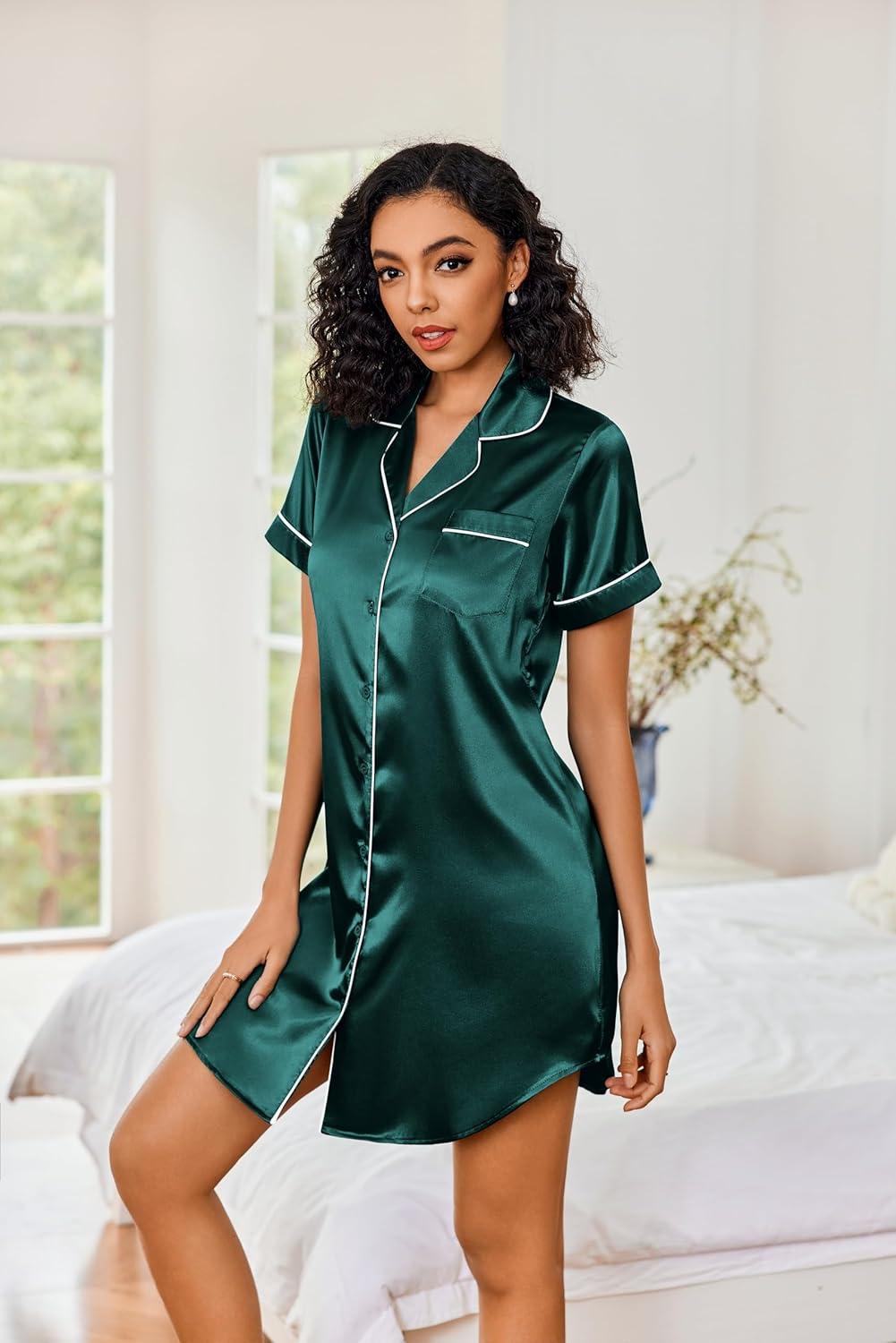 imageEkouaer Womens Satin Nightshirt Button Down Sleepshirt Silk Short Sleeve Nightgown Boyfriend Notch Collar SleepwearLake Green