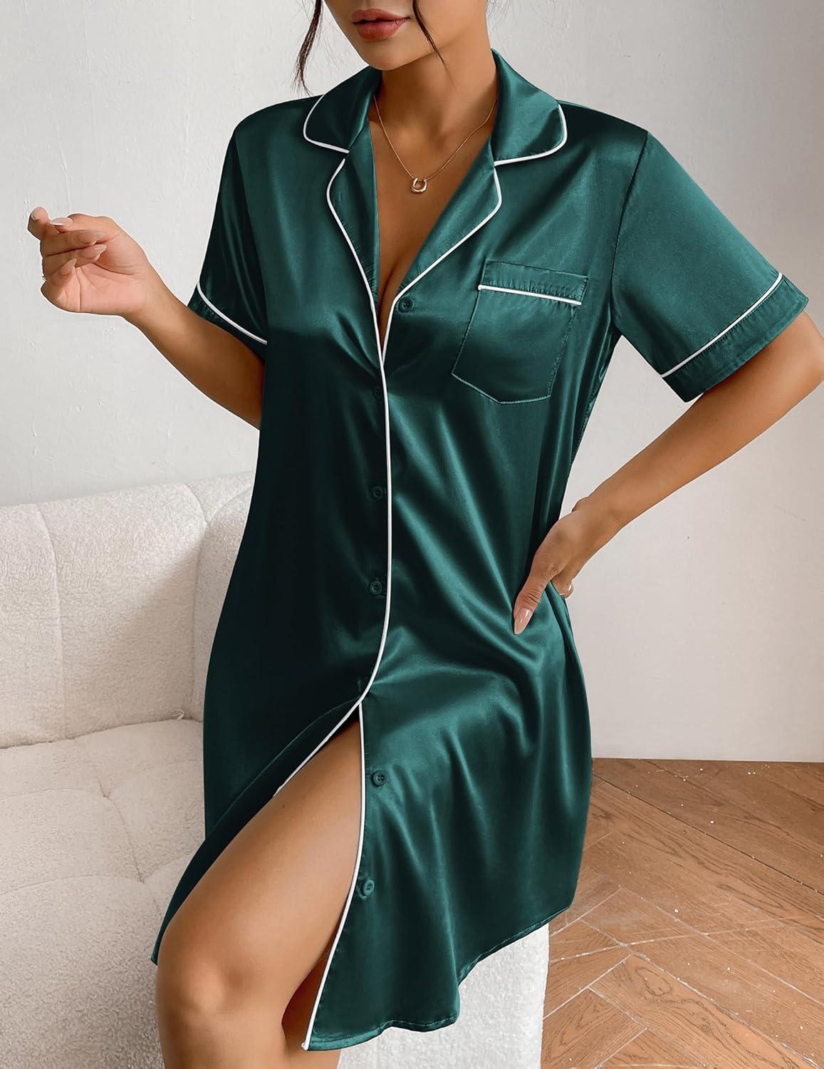 imageEkouaer Womens Satin Nightshirt Button Down Sleepshirt Silk Short Sleeve Nightgown Boyfriend Notch Collar SleepwearLake Green