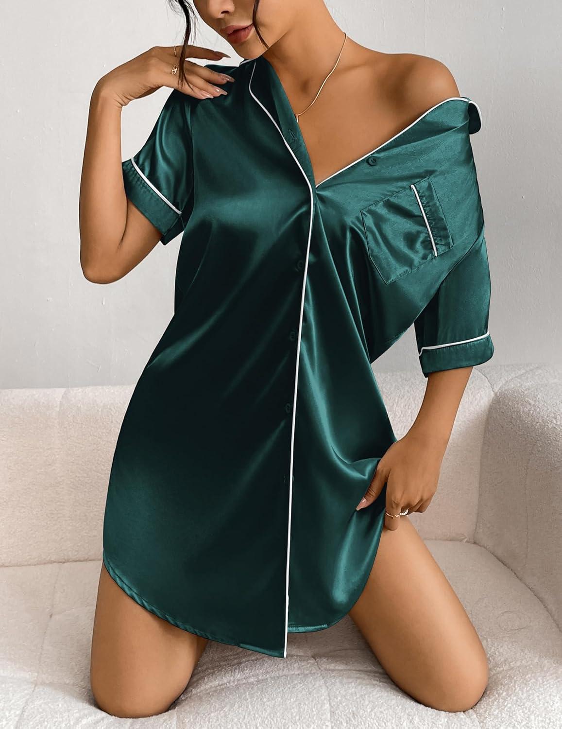 imageEkouaer Womens Satin Nightshirt Button Down Sleepshirt Silk Short Sleeve Nightgown Boyfriend Notch Collar SleepwearLake Green