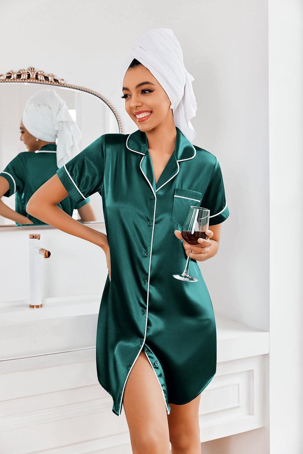 imageEkouaer Womens Satin Nightshirt Button Down Sleepshirt Silk Short Sleeve Nightgown Boyfriend Notch Collar SleepwearLake Green