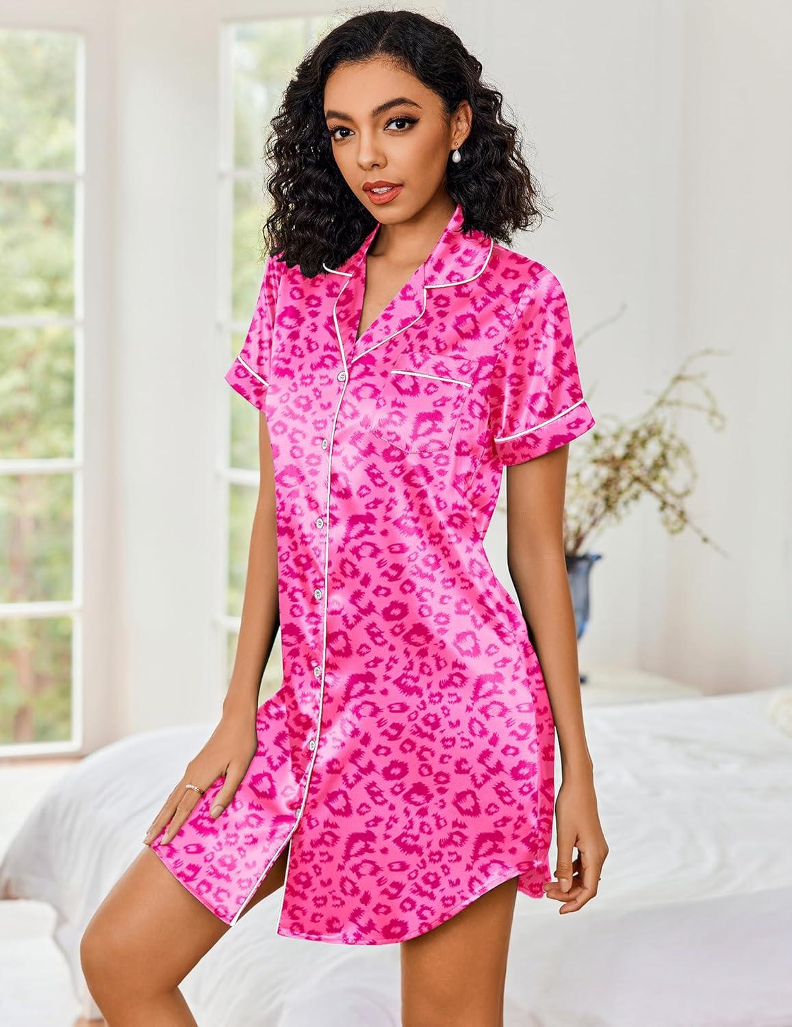 imageEkouaer Womens Satin Nightshirt Button Down Sleepshirt Silk Short Sleeve Nightgown Boyfriend Notch Collar SleepwearLeopard