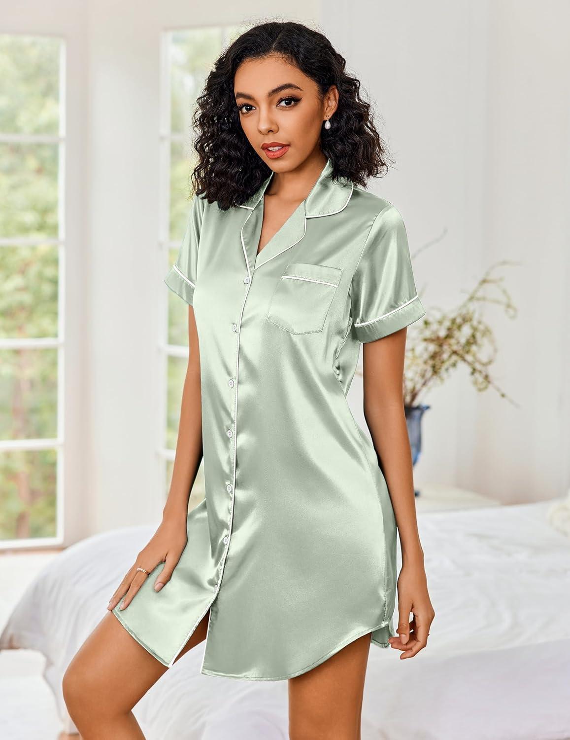 imageEkouaer Womens Satin Nightshirt Button Down Sleepshirt Silk Short Sleeve Nightgown Boyfriend Notch Collar SleepwearLight Green