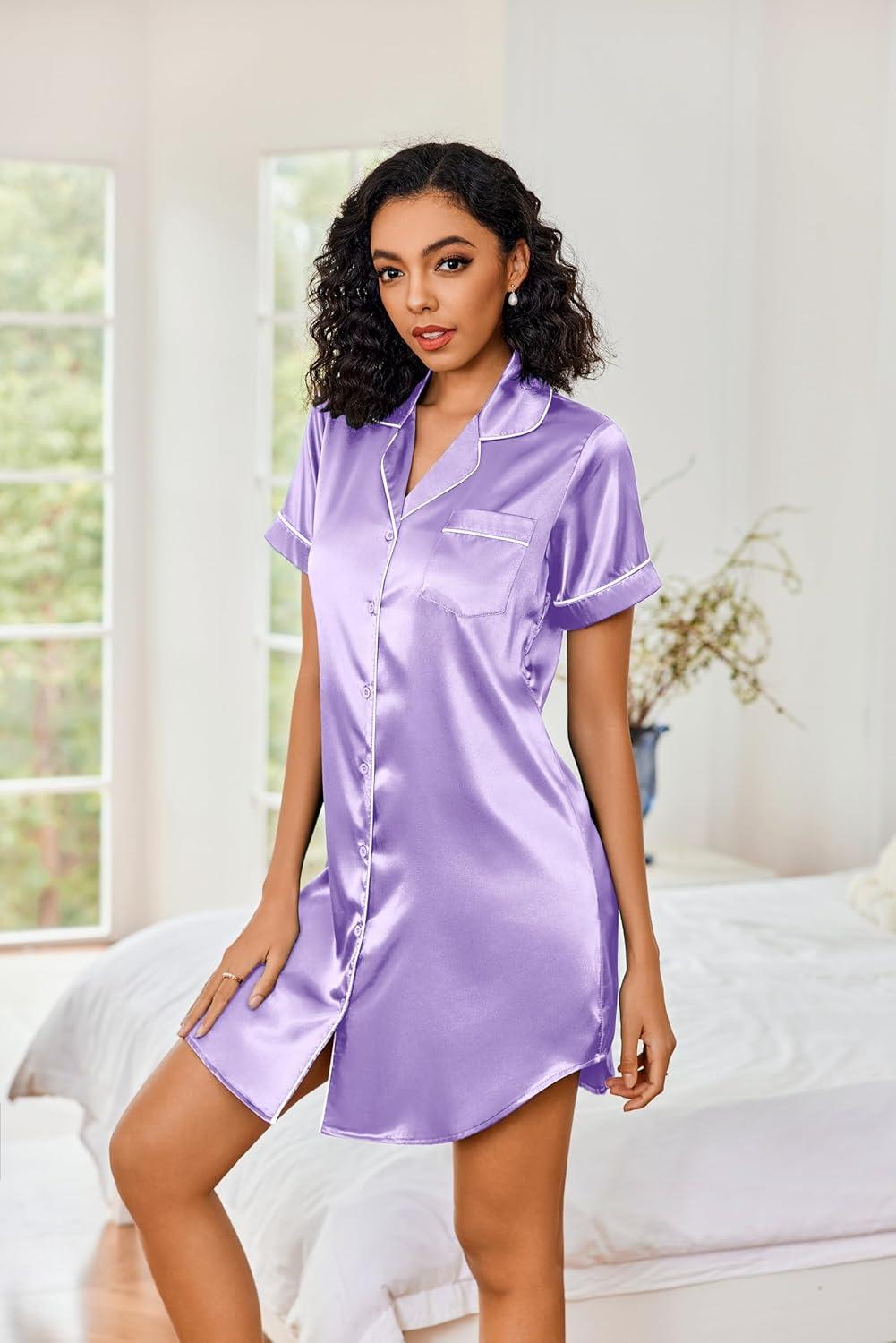 imageEkouaer Womens Satin Nightshirt Button Down Sleepshirt Silk Short Sleeve Nightgown Boyfriend Notch Collar SleepwearLight Purple