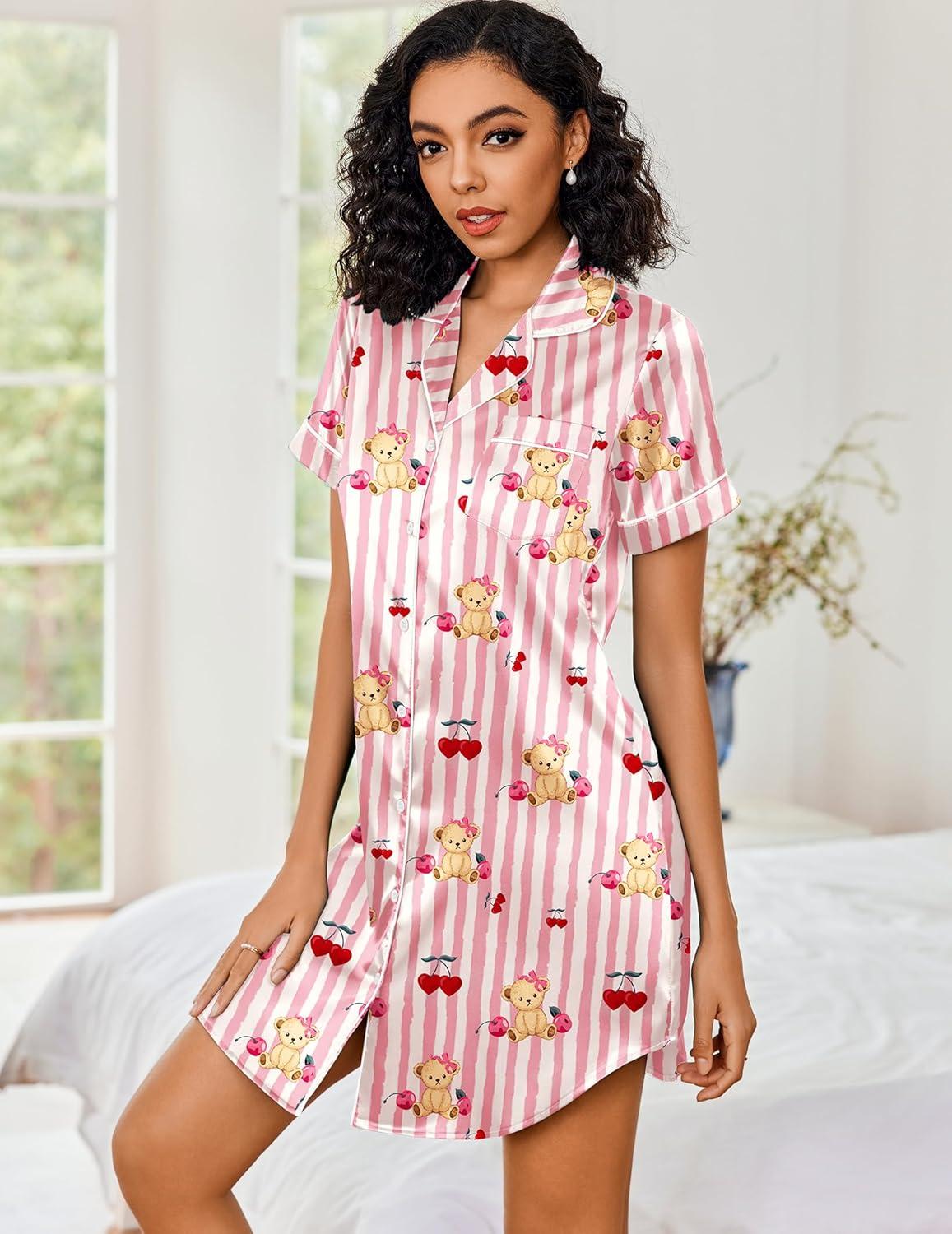 imageEkouaer Womens Satin Nightshirt Button Down Sleepshirt Silk Short Sleeve Nightgown Boyfriend Notch Collar SleepwearPink Stripe Bear Print