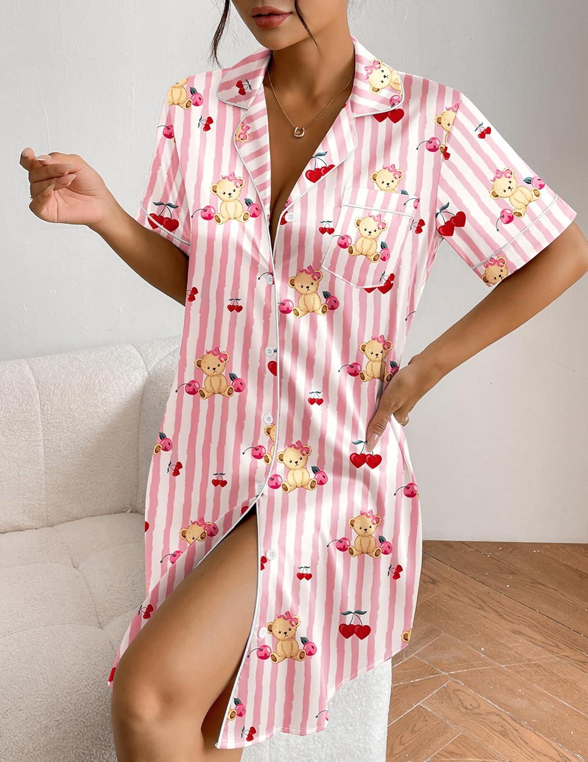 imageEkouaer Womens Satin Nightshirt Button Down Sleepshirt Silk Short Sleeve Nightgown Boyfriend Notch Collar SleepwearPink Stripe Bear Print