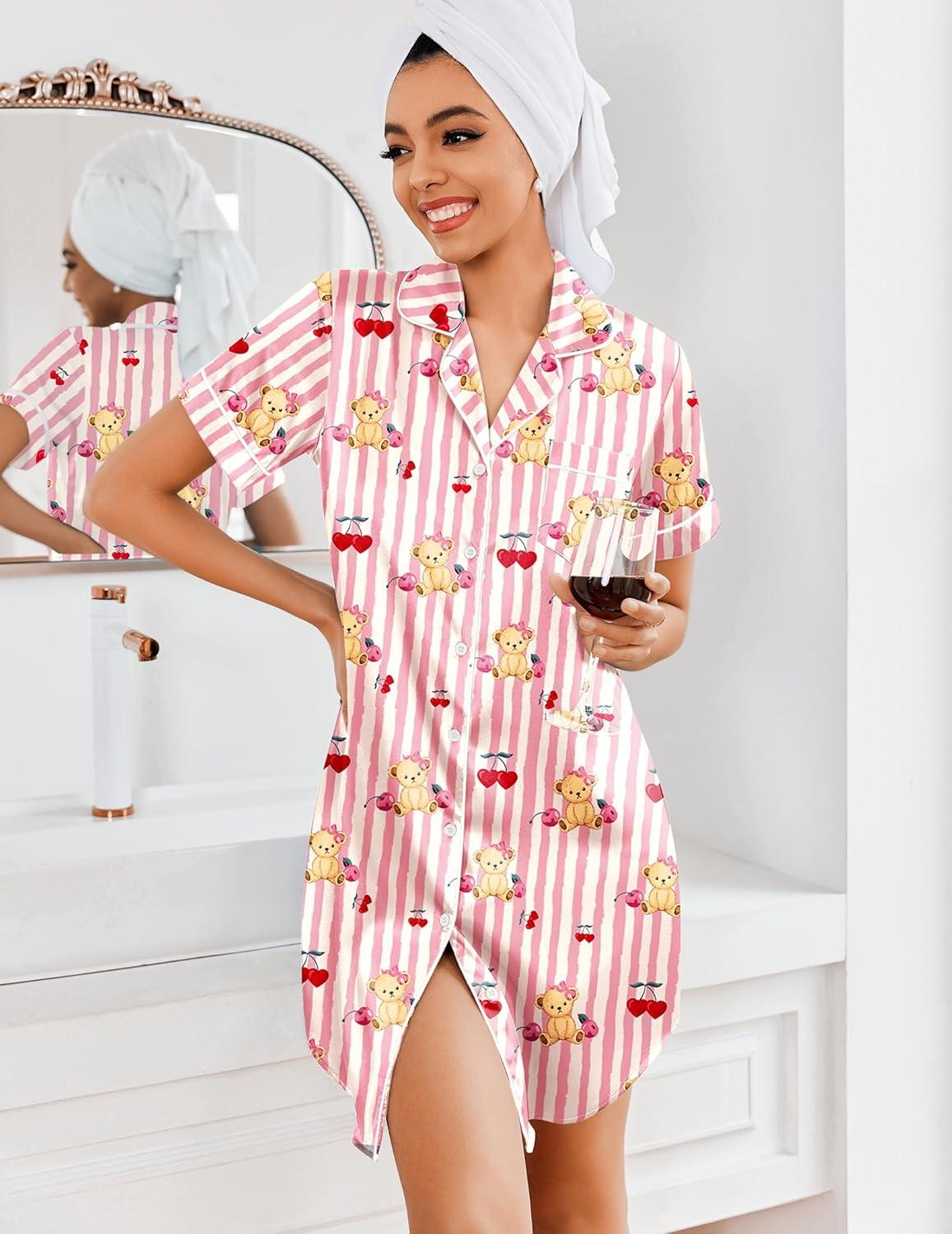 imageEkouaer Womens Satin Nightshirt Button Down Sleepshirt Silk Short Sleeve Nightgown Boyfriend Notch Collar SleepwearPink Stripe Bear Print