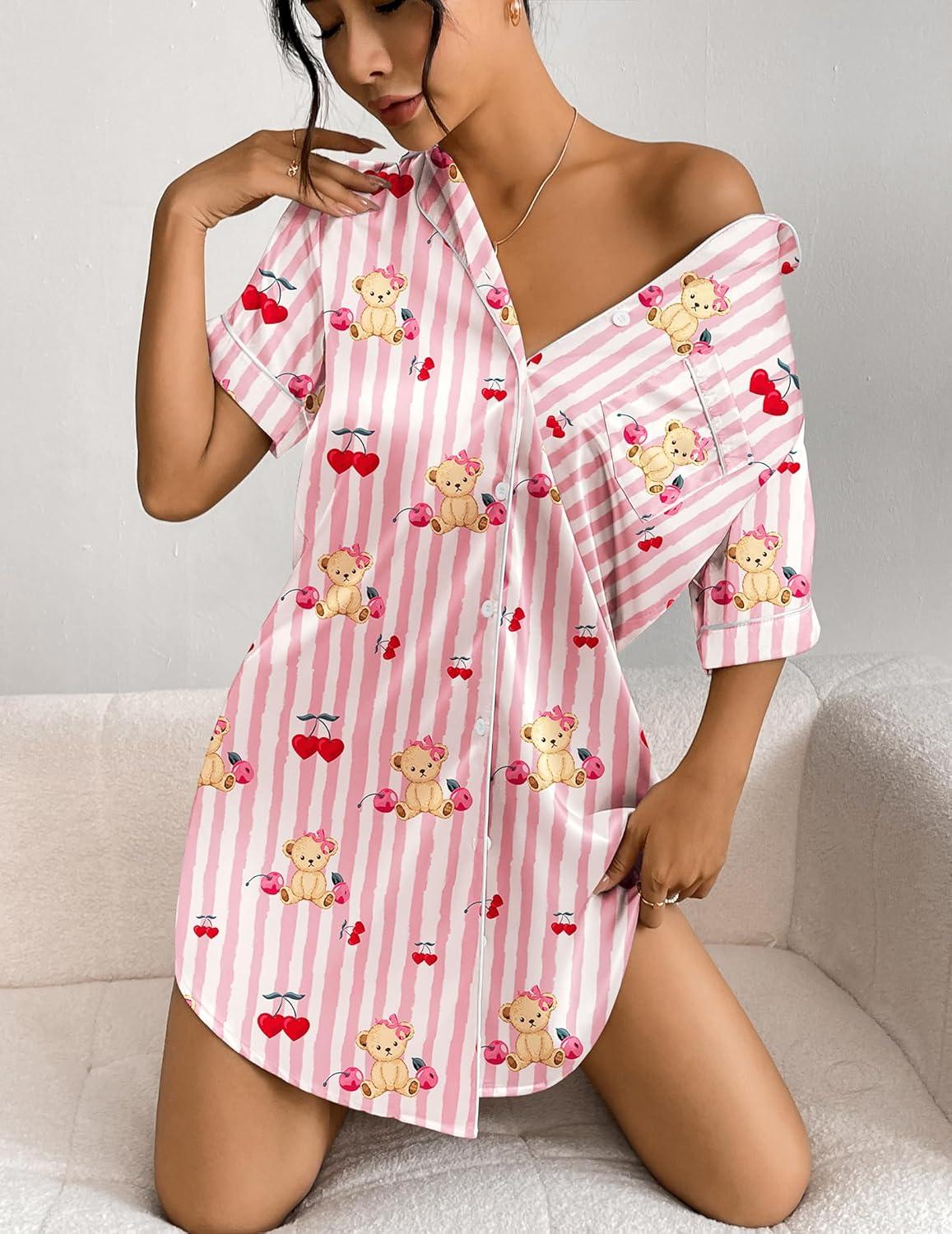 imageEkouaer Womens Satin Nightshirt Button Down Sleepshirt Silk Short Sleeve Nightgown Boyfriend Notch Collar SleepwearPink Stripe Bear Print