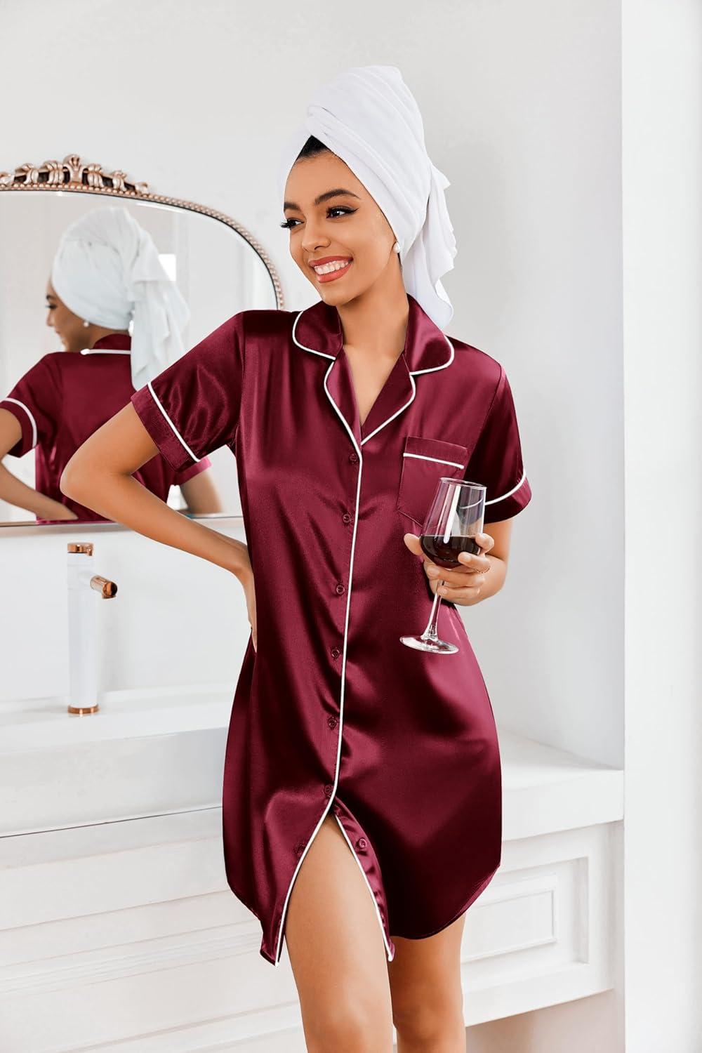 imageEkouaer Womens Satin Nightshirt Button Down Sleepshirt Silk Short Sleeve Nightgown Boyfriend Notch Collar SleepwearWine Red