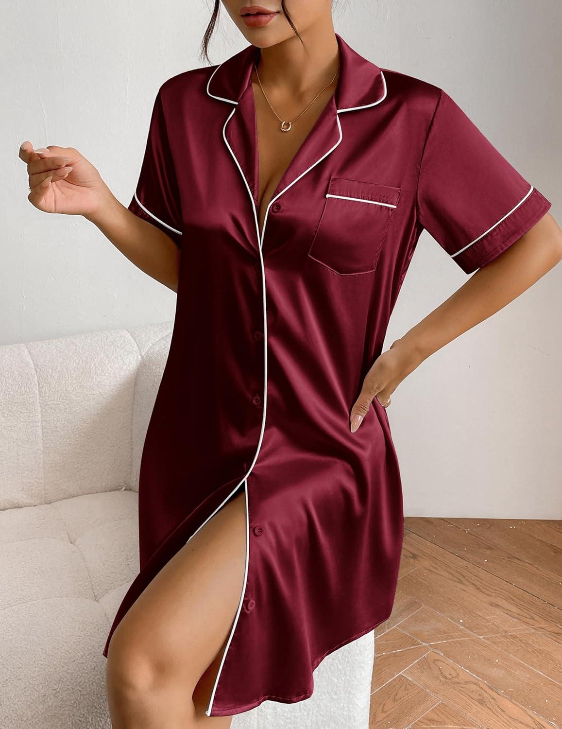 imageEkouaer Womens Satin Nightshirt Button Down Sleepshirt Silk Short Sleeve Nightgown Boyfriend Notch Collar SleepwearWine Red