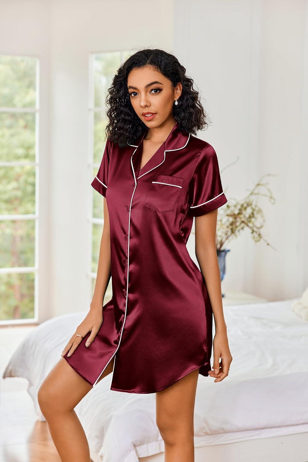imageEkouaer Womens Satin Nightshirt Button Down Sleepshirt Silk Short Sleeve Nightgown Boyfriend Notch Collar SleepwearWine Red