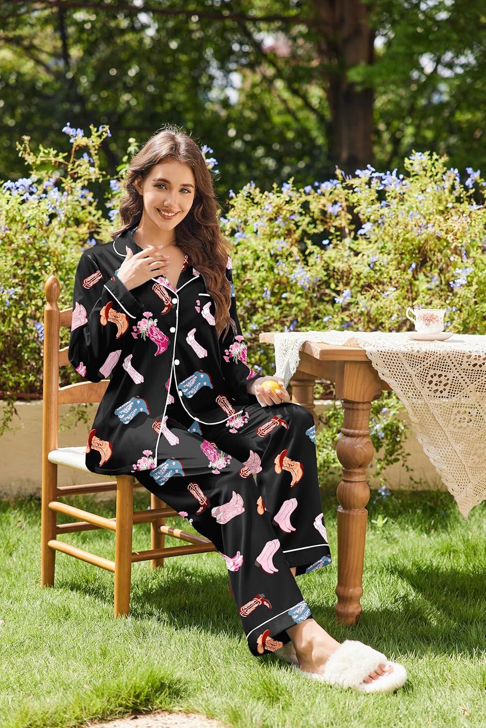 imageEkouaer Womens Satin Pajama Set Classic Pattern Silky Pj Sets Button Down Sleepwear LoungewearBlack Boots