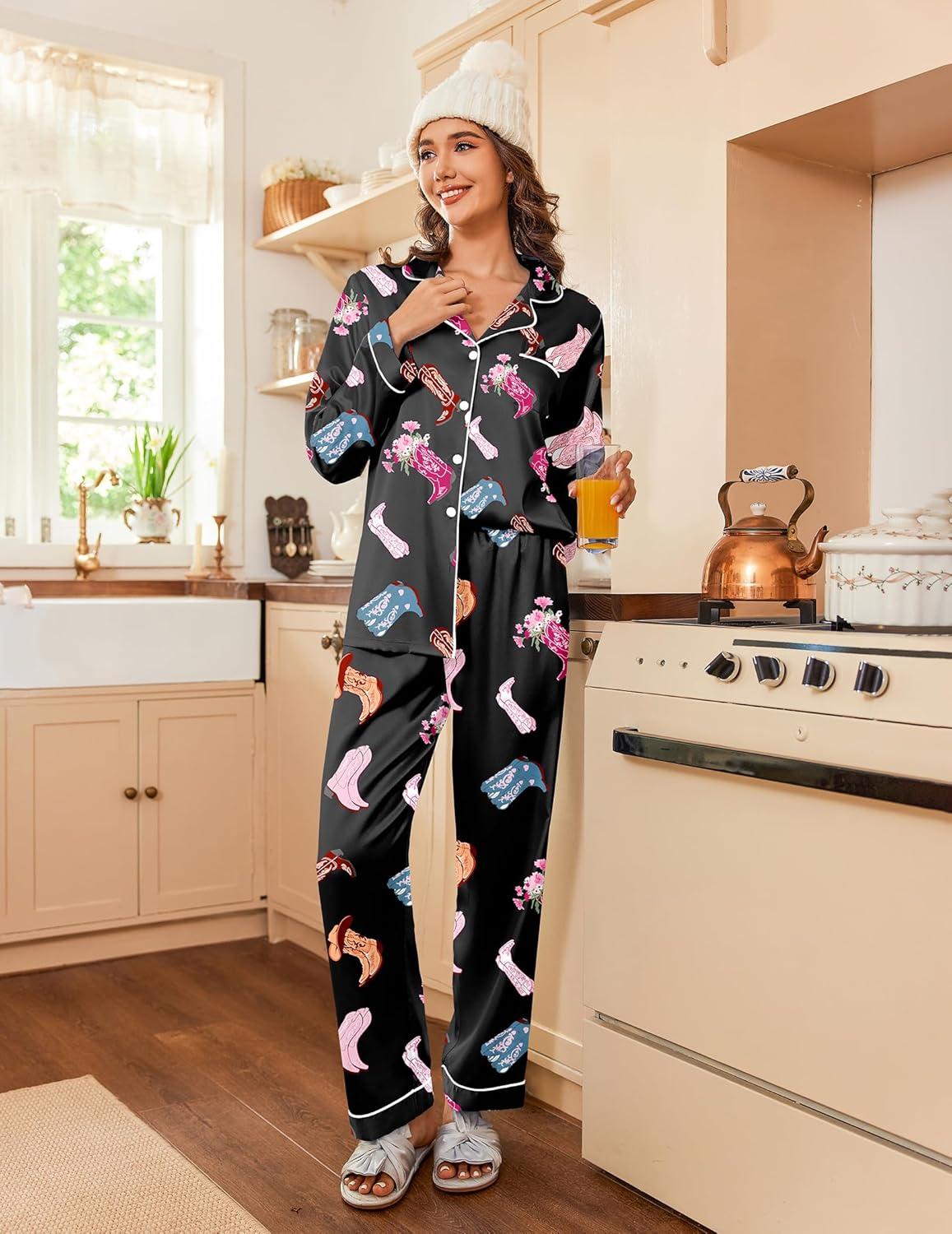 imageEkouaer Womens Satin Pajama Set Classic Pattern Silky Pj Sets Button Down Sleepwear LoungewearBlack Boots