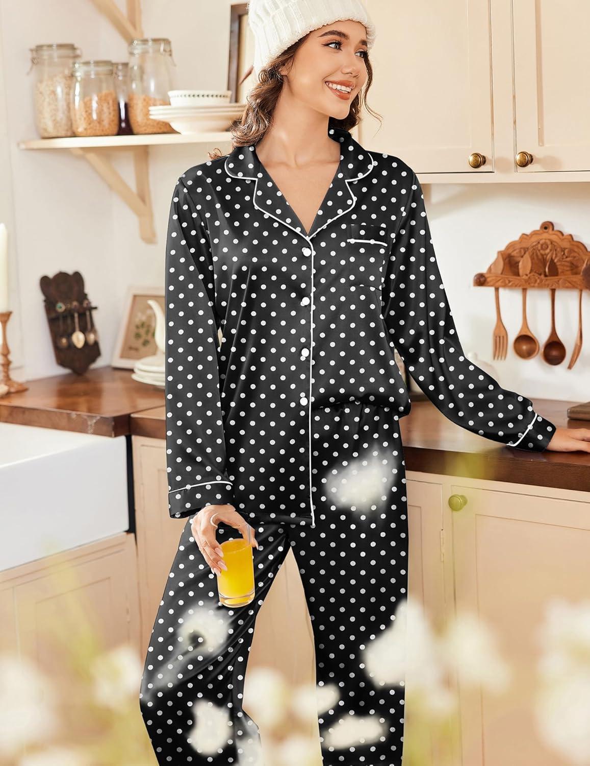 imageEkouaer Womens Satin Pajama Set Classic Pattern Silky Pj Sets Button Down Sleepwear LoungewearBlack Dots
