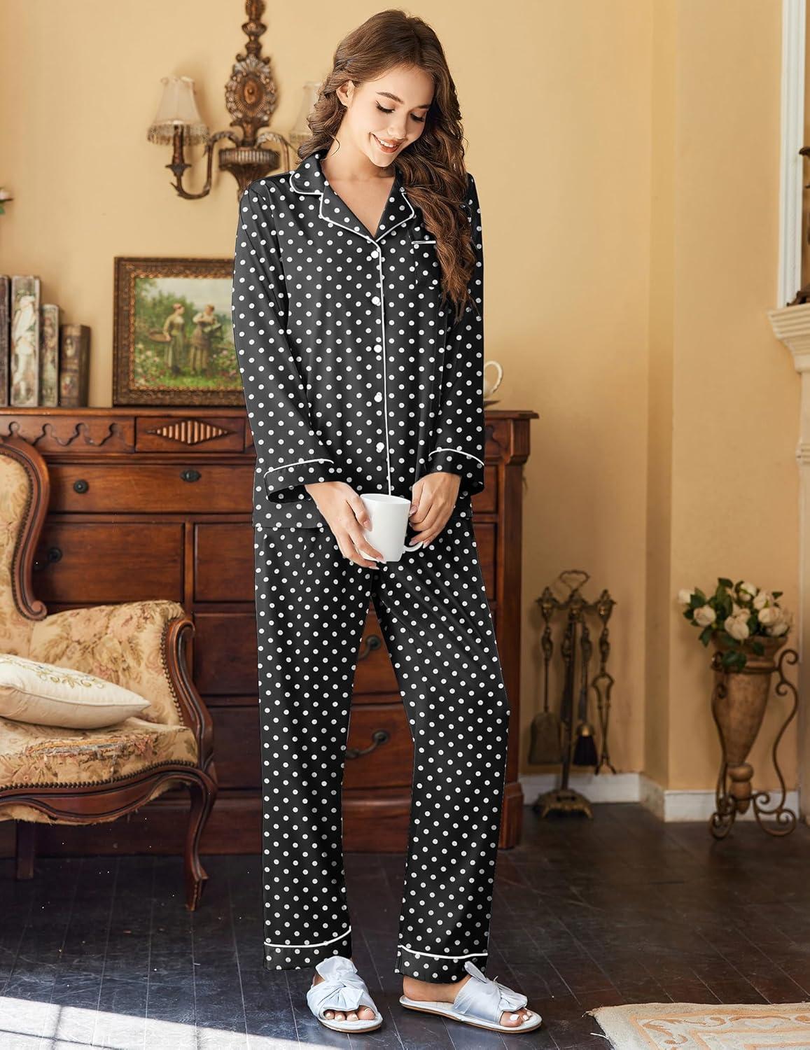imageEkouaer Womens Satin Pajama Set Classic Pattern Silky Pj Sets Button Down Sleepwear LoungewearBlack Dots